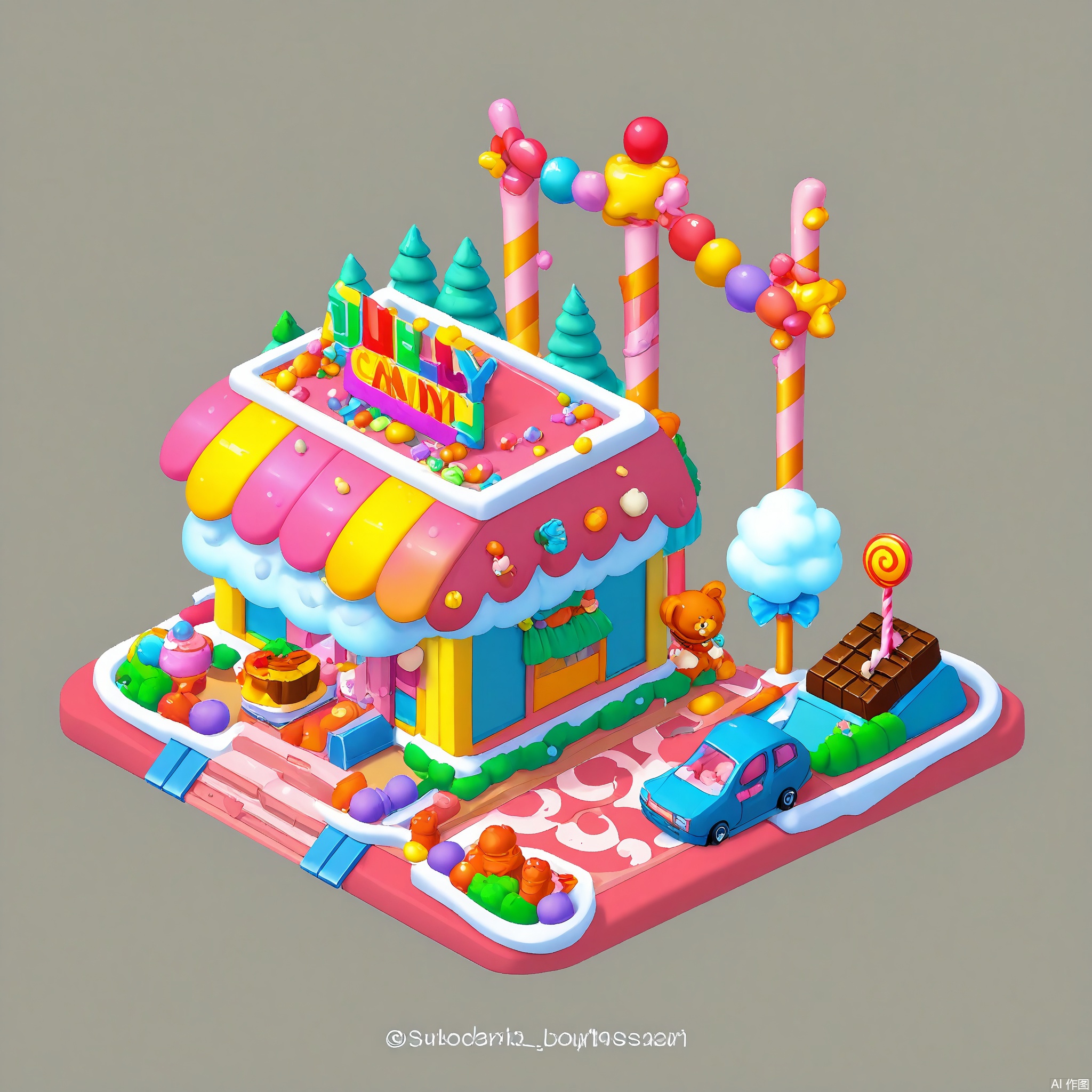 DJJZ, A colorful, detailed isometric illustration of a candy - themed game building. The central building is a pink and white candy - cottage - like structure with lollipop - shaped chimneys and a large, chocolate - covered roof. The white background looks like a cloud of cotton candy. To the left, a rainbow - colored candy - train ride with a circular track is chugging along. The foreground has a candy garden with gummy bears, jelly beans, and candy canes. There are also lollipops and chocolate bars placed around. The overall style is whimsical and sweet.
