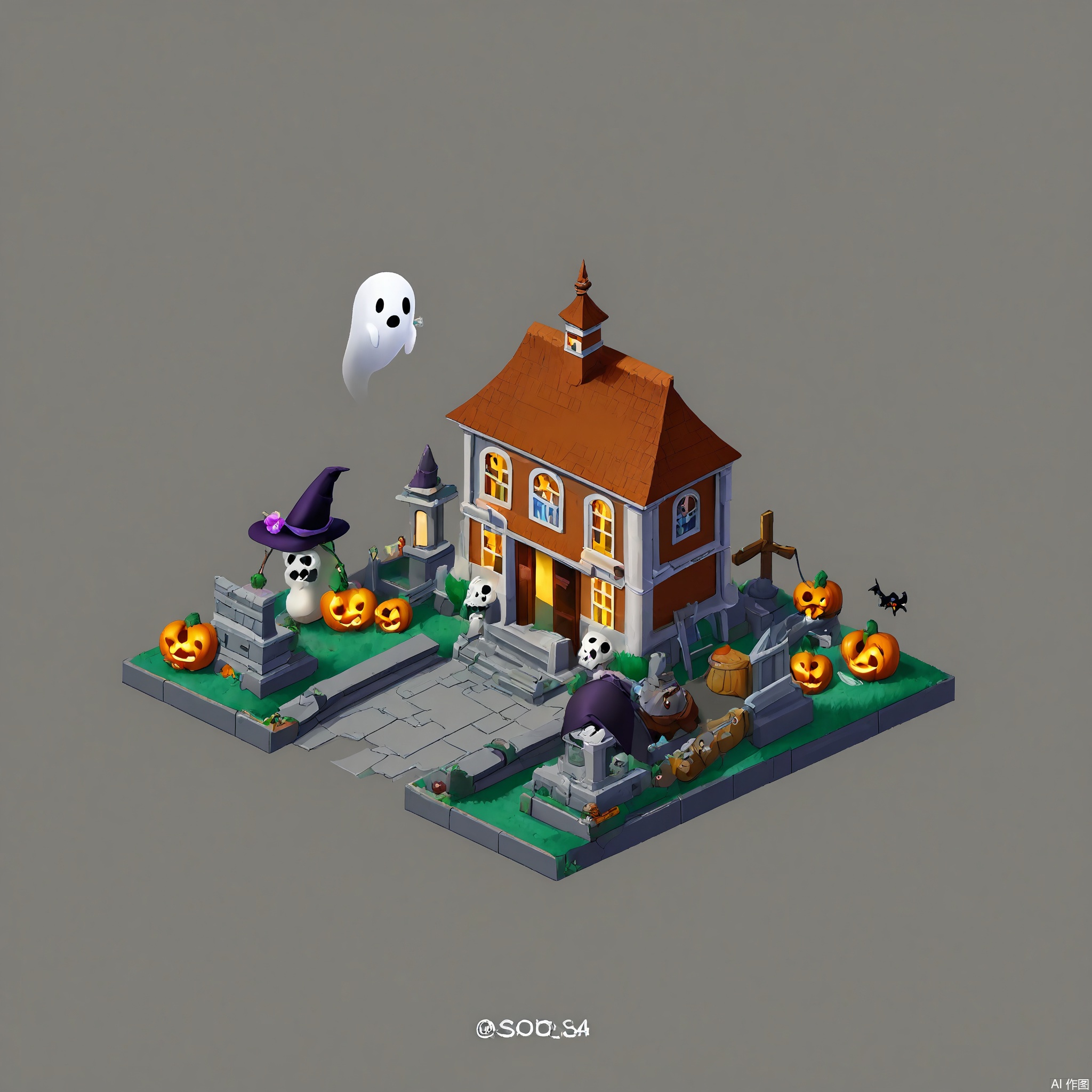 DJJZ, A colorful, detailed isometric illustration of a haunted - house - themed game building. The main mansion is a dilapidated, gray - stone structure with broken windows, a crooked roof, and a large, full - moon - shaped window. Ghosts are floating around the building. On a white background, the ground is covered in fog. To the left, a black - and - white ghost - train ride with a spooky, winding track is in operation. The foreground has a graveyard with tombstones, skeletons, and jack - o' - lanterns. There are also witch hats and brooms scattered around. The overall style is whimsical and eerie.
