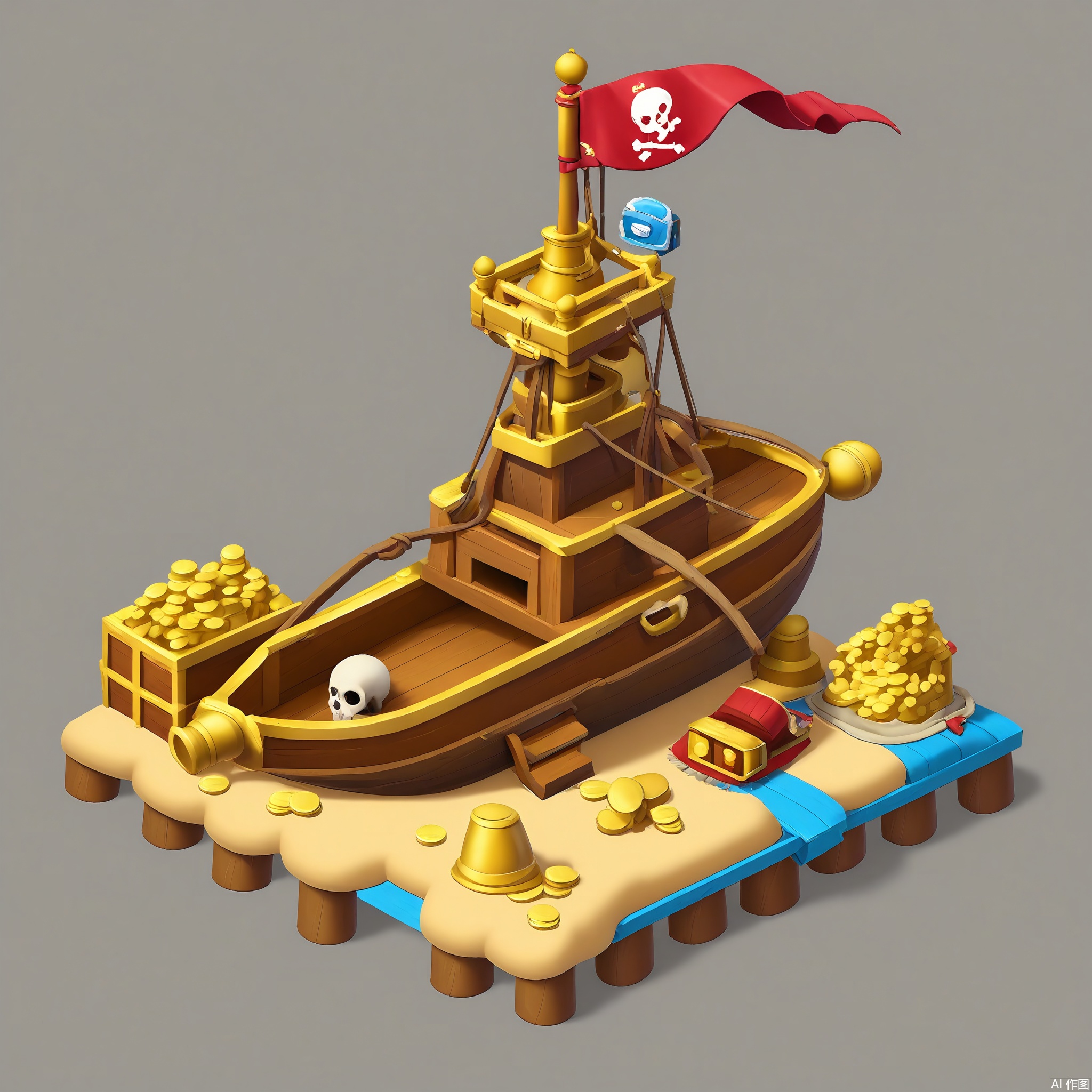 DJJZ, A colorful, detailed isometric illustration of a pirate - themed game building. The main ship is a black and red wooden galleon with tattered sails and a large, skull - and - crossbones flag. A treasure chest full of gold coins and jewels is on the deck. On a white background, the ground is like a sandy beach. To the left, a blue and white rowboat ride with a short, back - and - forth track is available. The foreground has a pirate camp with cutlasses, pistols, and maps. There are also parrots and seagulls flying around. The style is whimsical and adventurous.

