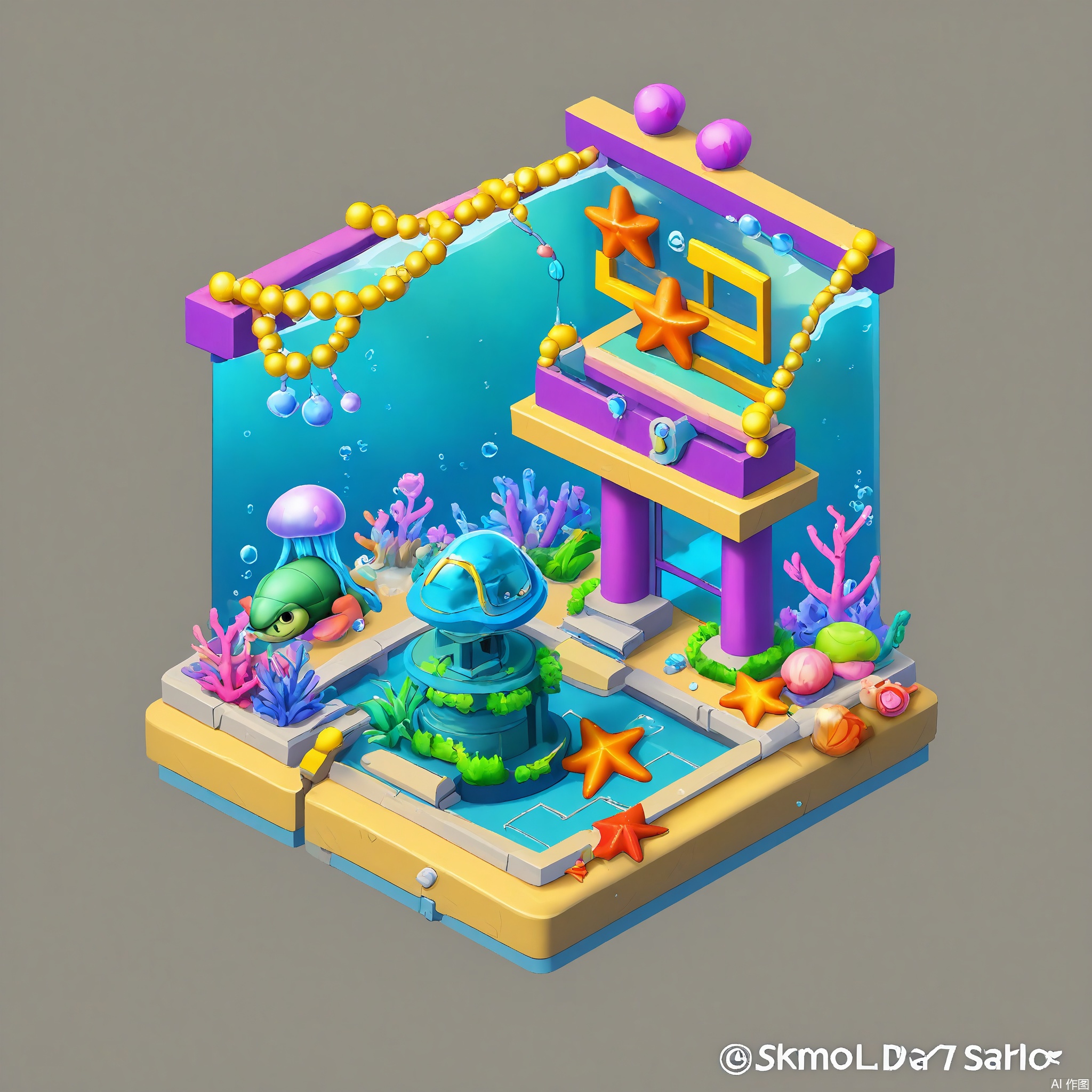 DJJZ, A colorful, detailed isometric illustration of an underwater - themed game building. The central edifice is a turquoise and light - blue coral - shaped building with a large, shimmering pearl at the peak. The white - background seems to represent the water's surface above. To the left, a yellow and purple submarine ride with a curvy underwater track is moving. The foreground has a sandy area with sea creatures such as orange starfish, green sea turtles, and pink jellyfish. There are also seashells and pearl necklaces scattered around. The overall style is whimsical and aquatic.
