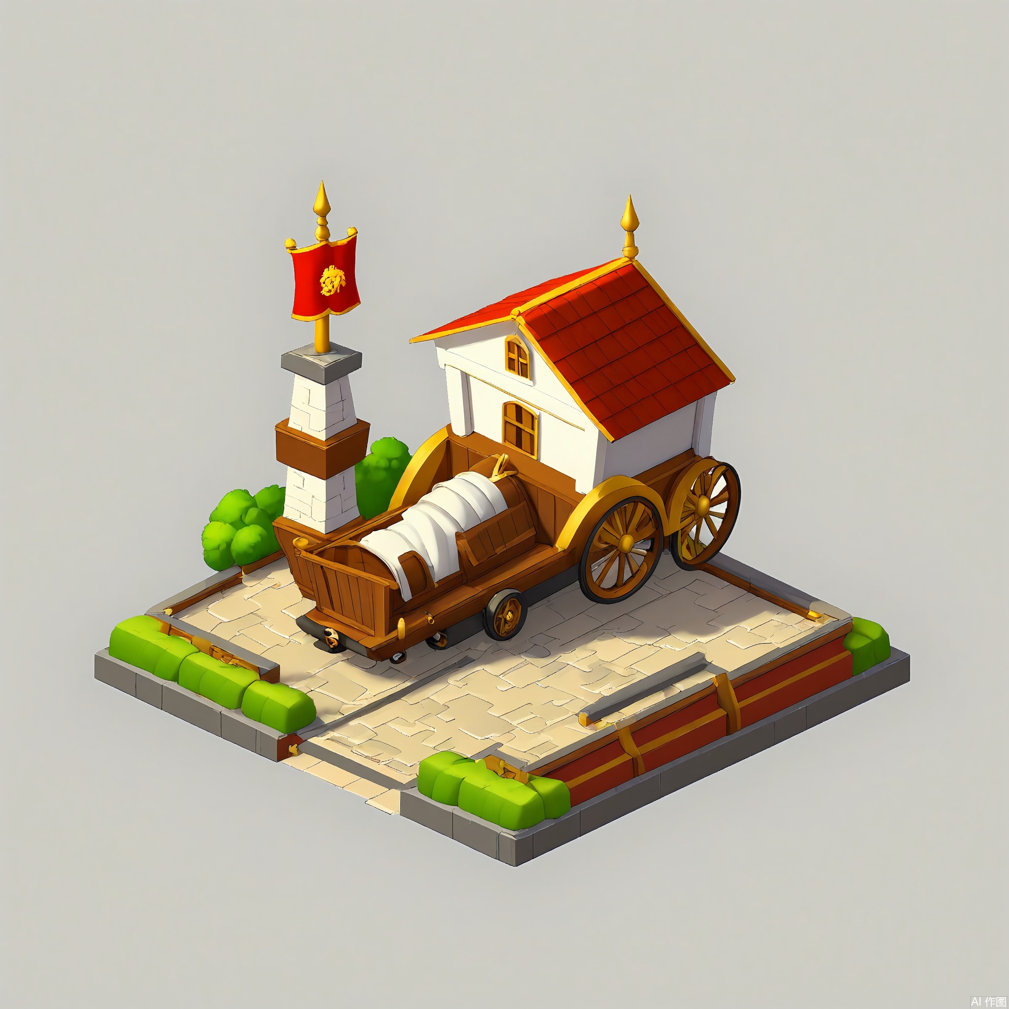 DJJZ, A colorful, detailed isometric illustration of a medieval - themed game building. The main castle is made of gray stone with red - tiled roofs and tall, pointed towers. A large, red - and - gold banner with a lion emblem flutters on the highest tower. On a white background, the ground is like a grassy meadow. To the left, a brown and white horse - drawn carriage ride with a circular route is in motion. The foreground has a village square with peasants, blacksmith tools, and barrels of ale. There are also swords and shields placed here and there. The style is whimsical and historical.
