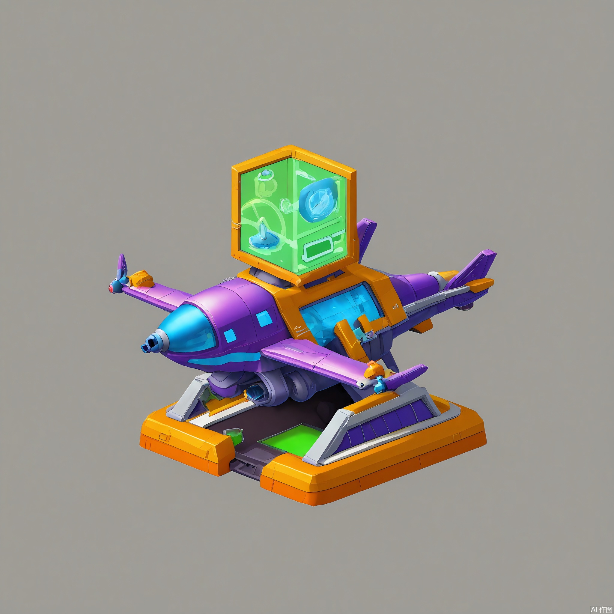DJJZ, A colorful, detailed isometric illustration of a space - themed game building. The central structure is a silver and neon - blue spaceship - shaped building with a large, pulsating energy core at the front. The white background represents the vastness of space. To the left, a green and purple asteroid - coaster ride with a wild, looping track is flying. The foreground has a launch pad with small rockets, astronaut suits, and alien artifacts. There are also floating energy orbs and laser guns scattered around. The overall style is whimsical and futuristic.
