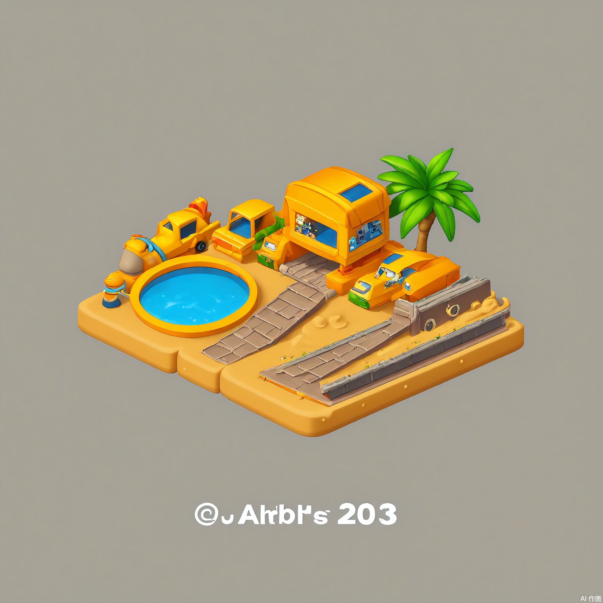 DJJZ, A colorful, detailed isometric illustration of a desert - themed game building. The main oasis is a sand - colored, mud - brick structure with palm trees around and a large, blue - tiled pool in the center. A camel is resting nearby. On a white background, the ground is like a vast expanse of sand. To the left, a yellow and orange dune - buggy ride with a bumpy, off - road track is ready to go. The foreground has a campsite with tents, water jugs, and sand - toys. There are also scorpions and lizards scurrying around. The style is whimsical and arid.

