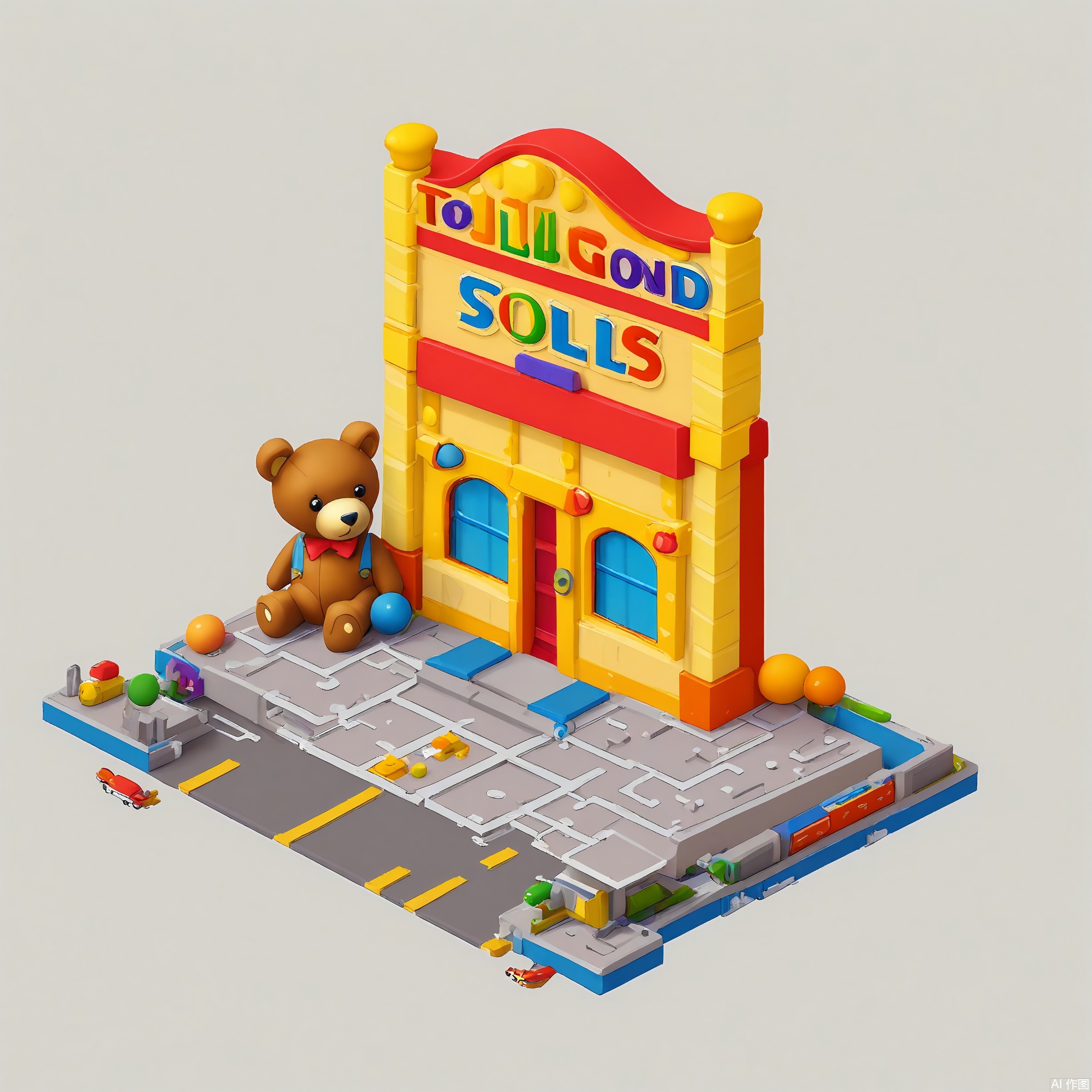 DJJZ, A colorful, detailed isometric illustration of a toy - themed game building. The main toy - factory is a brightly - colored, red - and - yellow structure with large, toy - block - shaped windows and a chimney shaped like a teddy bear. Toys are spilling out of the doors. On a white background, the ground is like a soft, carpeted floor. To the left, a rainbow - colored toy - train ride with a simple, circular track is chugging. The foreground has a play area with dolls, action figures, and building blocks. There are also toy chests and ball pits around. The overall style is whimsical and child - friendly.
