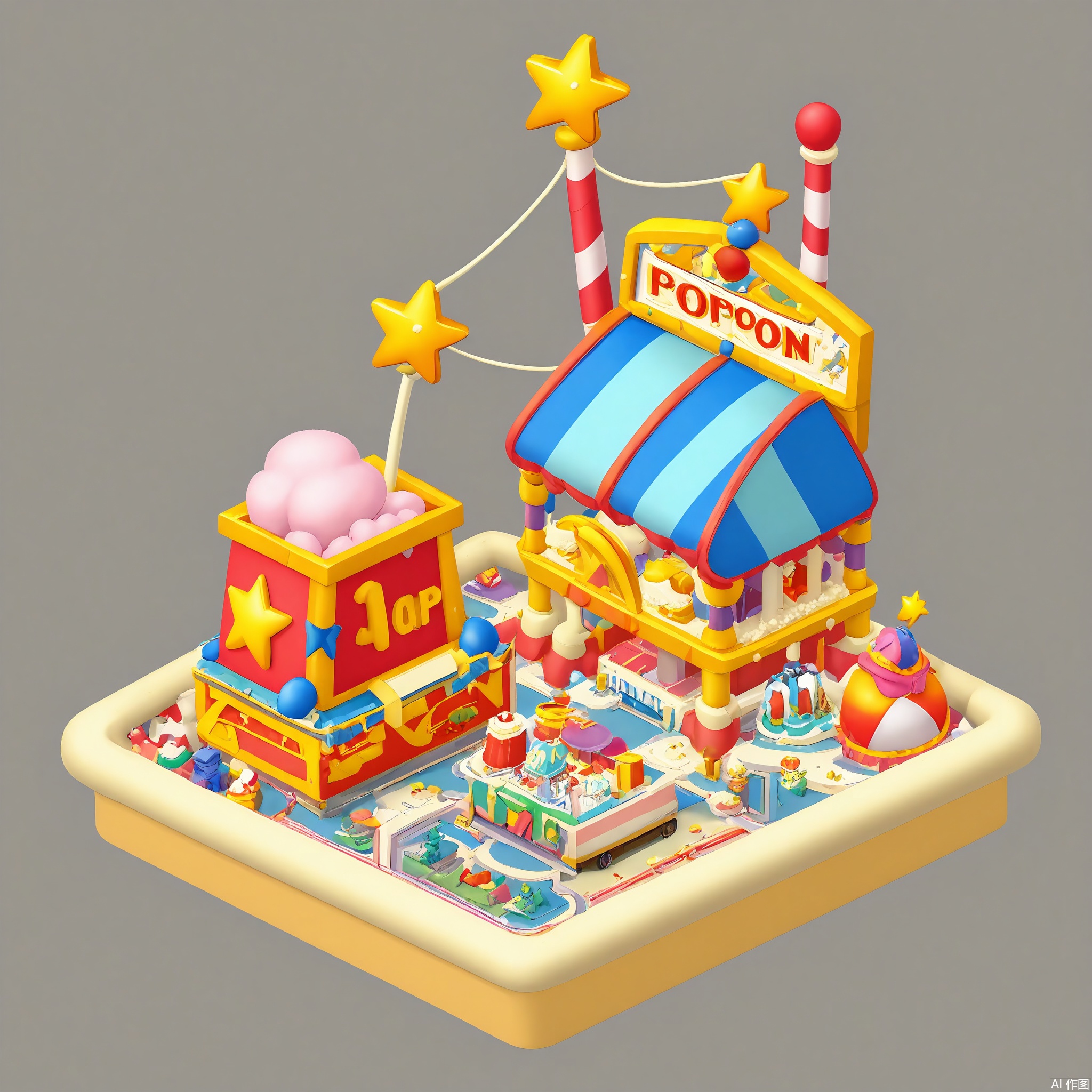 DJJZ, A colorful, detailed isometric illustration of a circus - themed game building. The central big - top is a red and white striped tent with a large, golden star on top. The white background represents the open sky. To the left, a green and yellow carousel ride with prancing horses is spinning. The foreground has a performance area with clowns, juggling balls, and trapezes. There are also popcorn boxes and cotton - candy sticks scattered around. The overall style is whimsical and lively.
