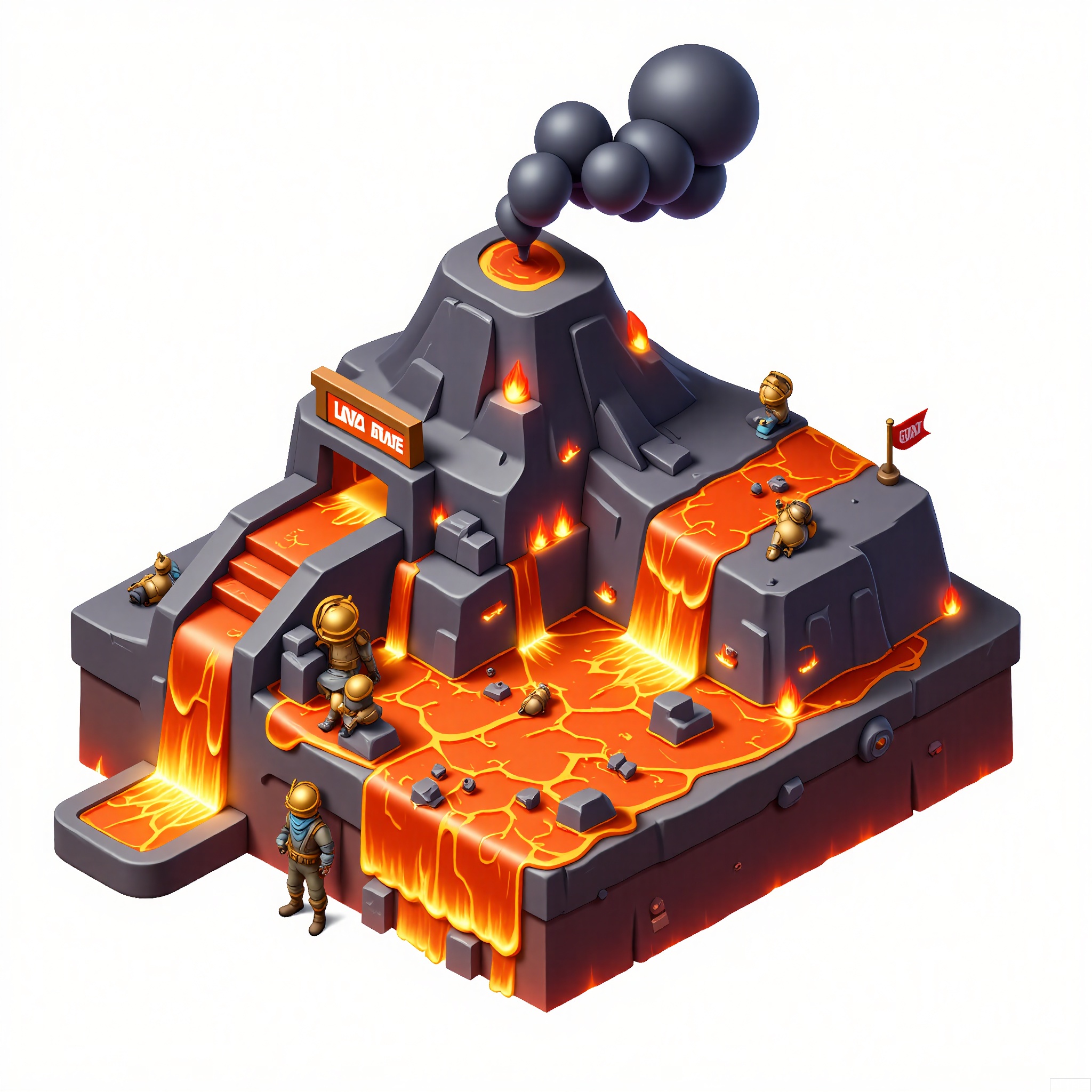DJJZ, A colorful, detailed isometric illustration of a volcanic - themed game building. The central volcano - shaped building is made of dark - gray rock with red - hot lava flowing down the sides and a plume of black smoke rising from the top. The white background represents the sky above the volcanic area. To the left, a red - hot lava - boat ride with a path through the lava is moving. The foreground has a safe - zone with fire - resistant suits, helmets, and geological tools. There are also small, fiery creatures like lava imps around. The style is whimsical and fiery.
