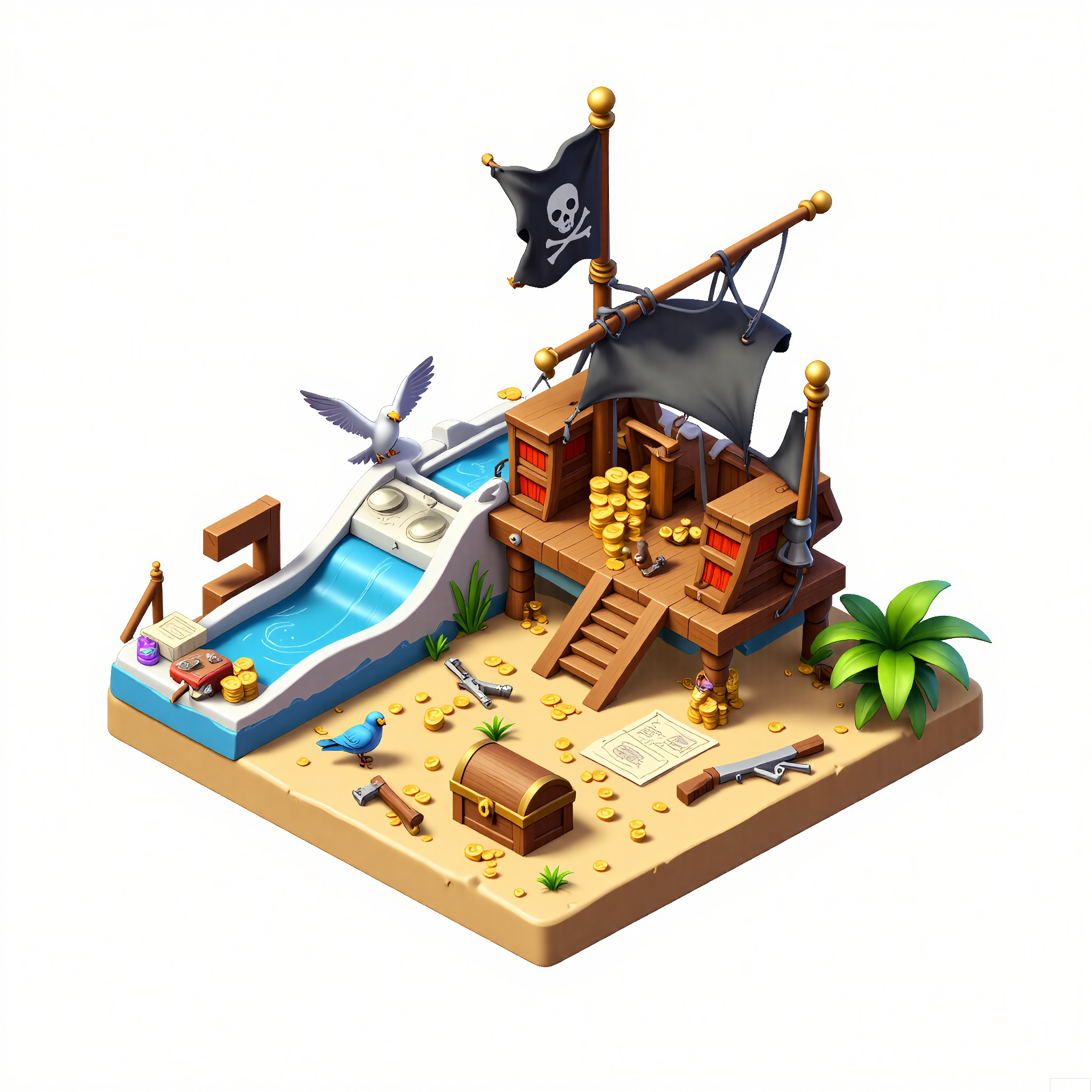 DJJZ, A colorful, detailed isometric illustration of a pirate - themed game building. The main ship is a black and red wooden galleon with tattered sails and a large, skull - and - crossbones flag. A treasure chest full of gold coins and jewels is on the deck. On a white background, the ground is like a sandy beach. To the left, a blue and white rowboat ride with a short, back - and - forth track is available. The foreground has a pirate camp with cutlasses, pistols, and maps. There are also parrots and seagulls flying around. The style is whimsical and adventurous.
