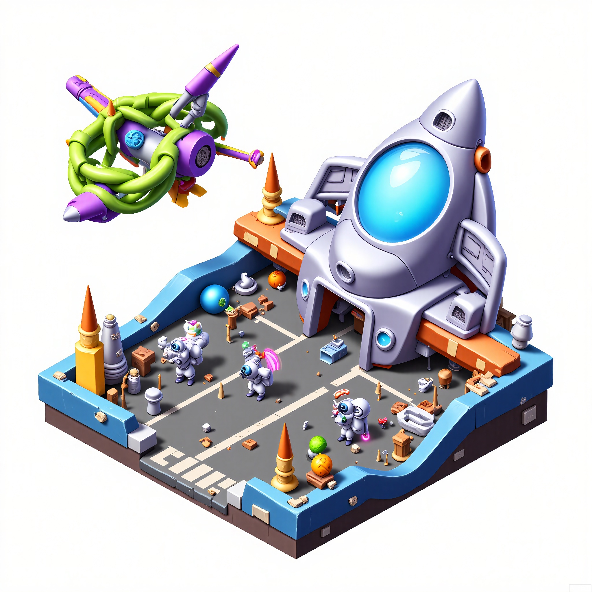 DJJZ, A colorful, detailed isometric illustration of a space - themed game building. The central structure is a silver and neon - blue spaceship - shaped building with a large, pulsating energy core at the front. The white background represents the vastness of space. To the left, a green and purple asteroid - coaster ride with a wild, looping track is flying. The foreground has a launch pad with small rockets, astronaut suits, and alien artifacts. There are also floating energy orbs and laser guns scattered around. The overall style is whimsical and futuristic.
