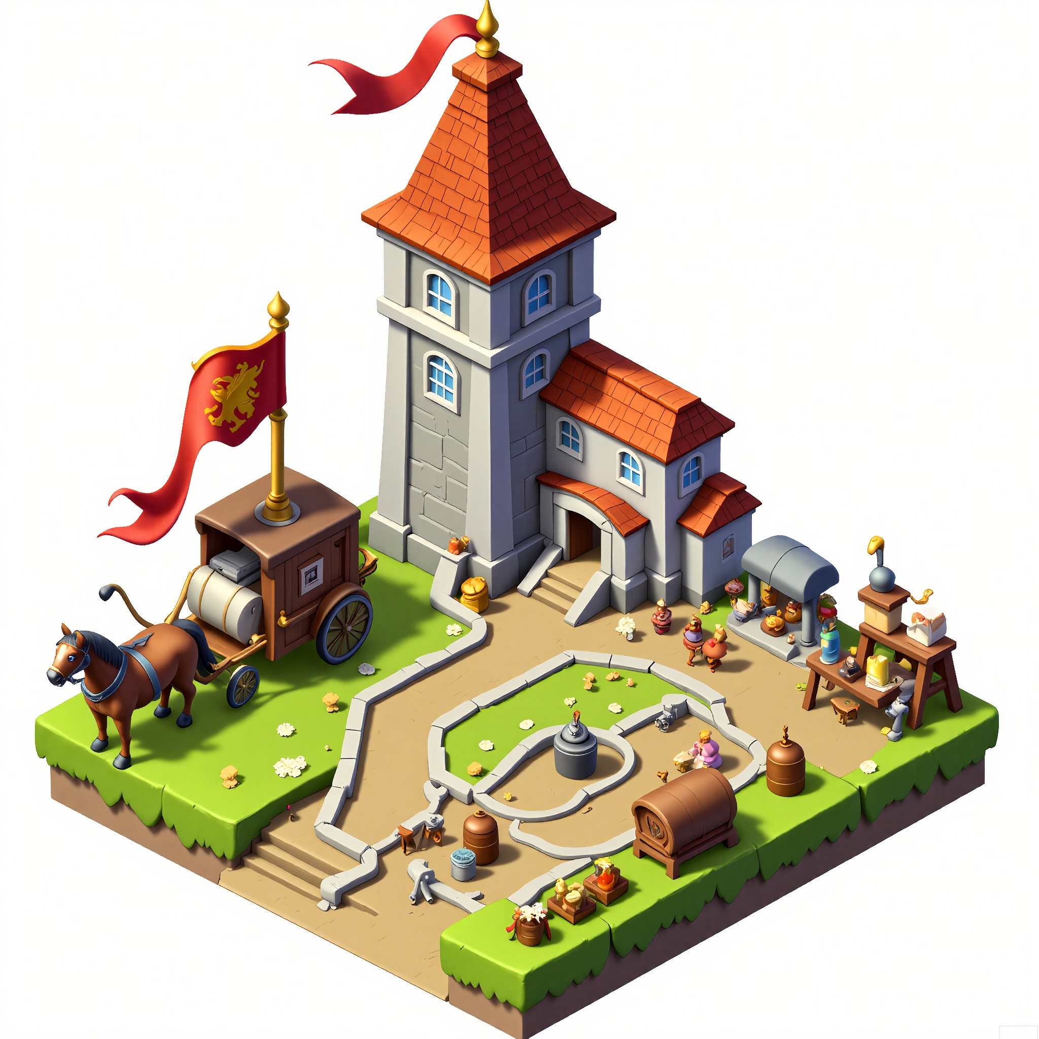 DJJZ, A colorful, detailed isometric illustration of a medieval - themed game building. The main castle is made of gray stone with red - tiled roofs and tall, pointed towers. A large, red - and - gold banner with a lion emblem flutters on the highest tower. On a white background, the ground is like a grassy meadow. To the left, a brown and white horse - drawn carriage ride with a circular route is in motion. The foreground has a village square with peasants, blacksmith tools, and barrels of ale. There are also swords and shields placed here and there. The style is whimsical and historical.
