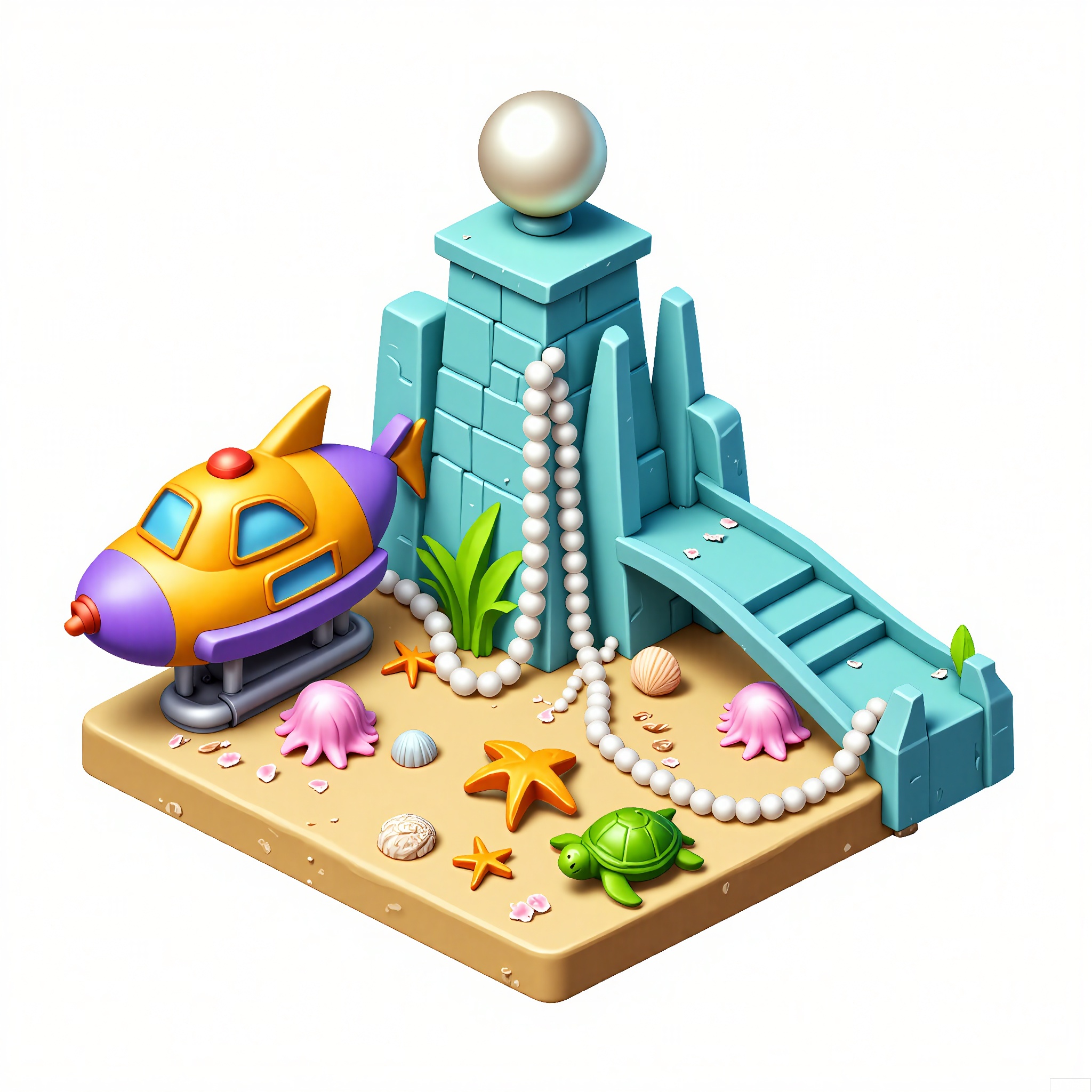 DJJZ, A colorful, detailed isometric illustration of an underwater - themed game building. The central edifice is a turquoise and light - blue coral - shaped building with a large, shimmering pearl at the peak. The white - background seems to represent the water's surface above. To the left, a yellow and purple submarine ride with a curvy underwater track is moving. The foreground has a sandy area with sea creatures such as orange starfish, green sea turtles, and pink jellyfish. There are also seashells and pearl necklaces scattered around. The overall style is whimsical and aquatic.
