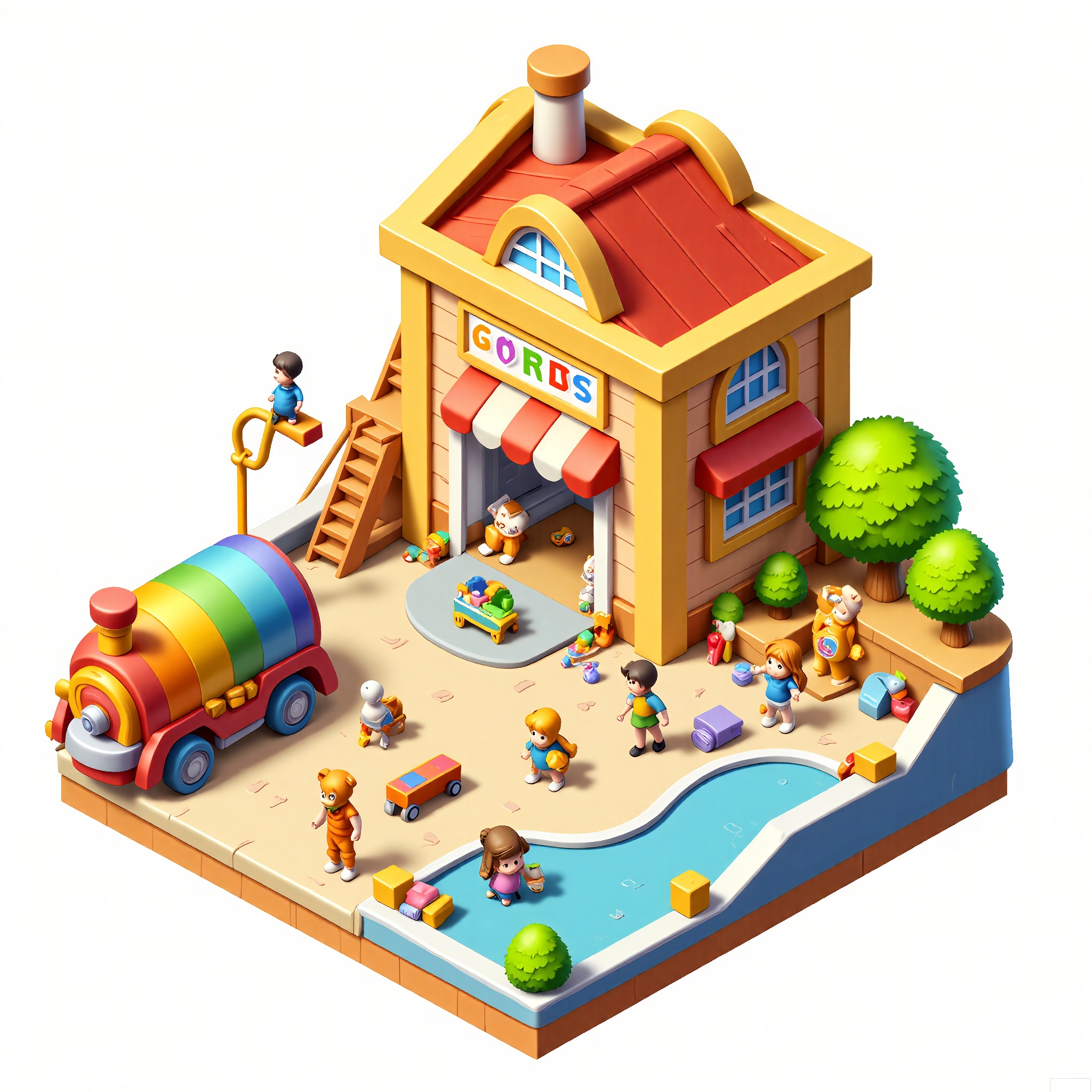 DJJZ, A colorful, detailed isometric illustration of a toy - themed game building. The main toy - factory is a brightly - colored, red - and - yellow structure with large, toy - block - shaped windows and a chimney shaped like a teddy bear. Toys are spilling out of the doors. On a white background, the ground is like a soft, carpeted floor. To the left, a rainbow - colored toy - train ride with a simple, circular track is chugging. The foreground has a play area with dolls, action figures, and building blocks. There are also toy chests and ball pits around. The overall style is whimsical and child - friendly.
