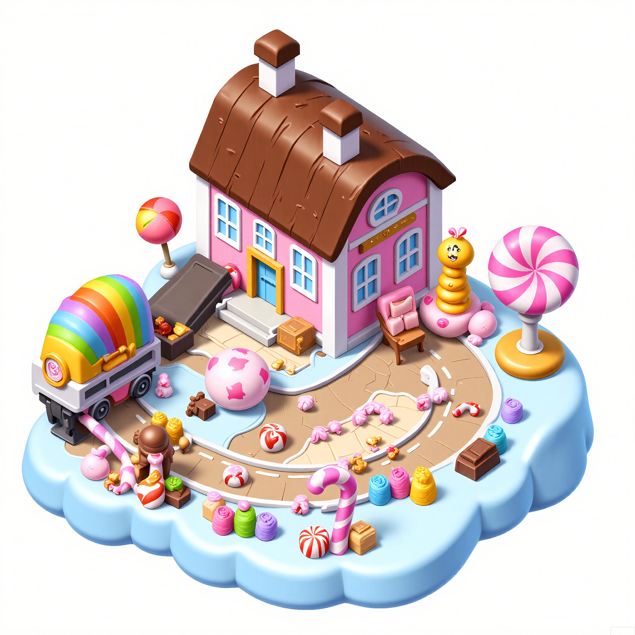 DJJZ, A colorful, detailed isometric illustration of a candy - themed game building. The central building is a pink and white candy - cottage - like structure with lollipop - shaped chimneys and a large, chocolate - covered roof. The white background looks like a cloud of cotton candy. To the left, a rainbow - colored candy - train ride with a circular track is chugging along. The foreground has a candy garden with gummy bears, jelly beans, and candy canes. There are also lollipops and chocolate bars placed around. The overall style is whimsical and sweet.
