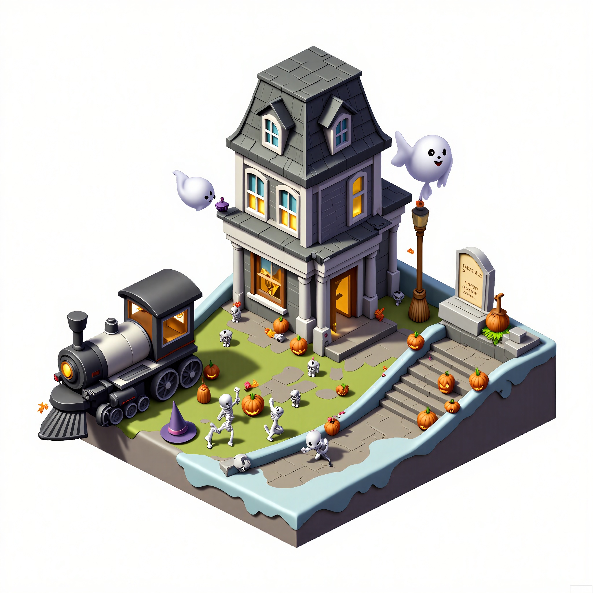 DJJZ, A colorful, detailed isometric illustration of a haunted - house - themed game building. The main mansion is a dilapidated, gray - stone structure with broken windows, a crooked roof, and a large, full - moon - shaped window. Ghosts are floating around the building. On a white background, the ground is covered in fog. To the left, a black - and - white ghost - train ride with a spooky, winding track is in operation. The foreground has a graveyard with tombstones, skeletons, and jack - o' - lanterns. There are also witch hats and brooms scattered around. The overall style is whimsical and eerie.
