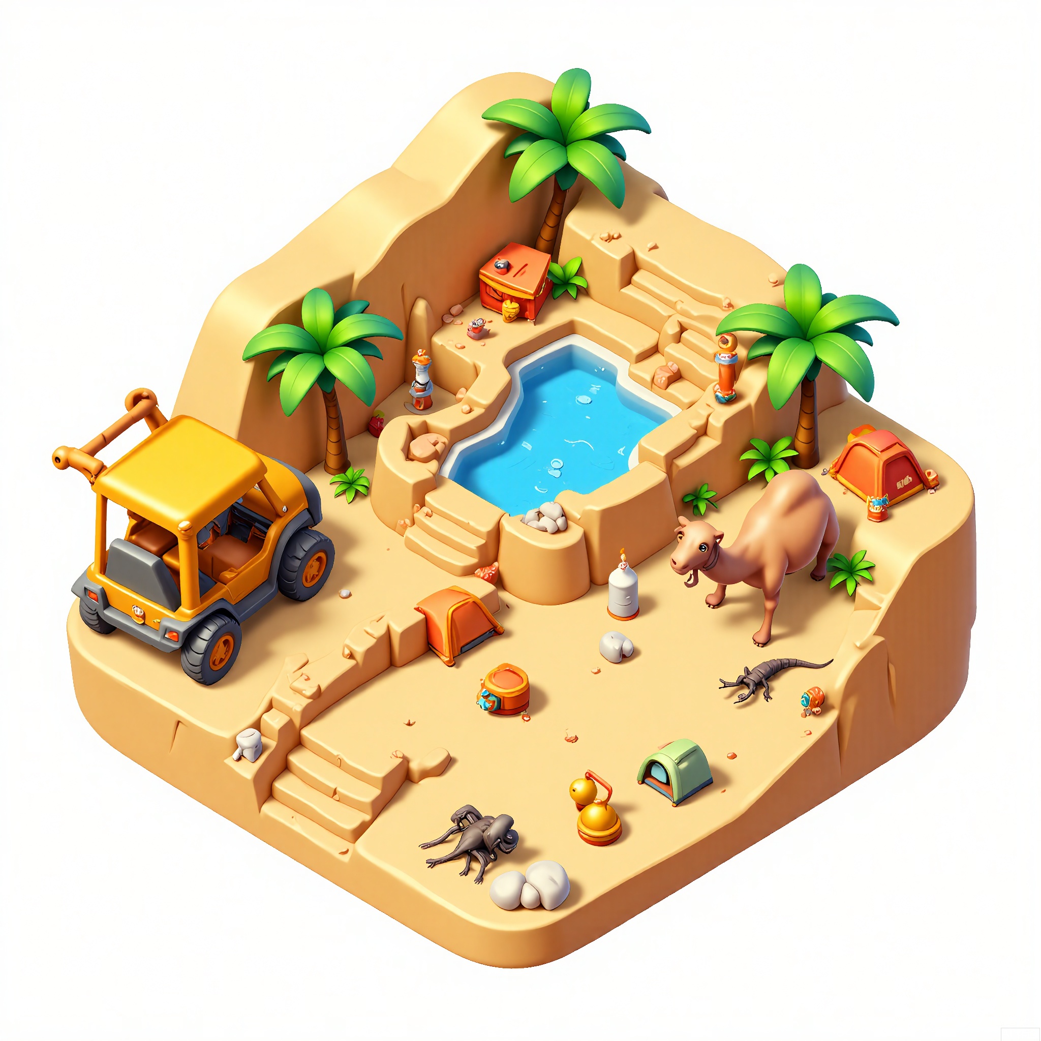 DJJZ, A colorful, detailed isometric illustration of a desert - themed game building. The main oasis is a sand - colored, mud - brick structure with palm trees around and a large, blue - tiled pool in the center. A camel is resting nearby. On a white background, the ground is like a vast expanse of sand. To the left, a yellow and orange dune - buggy ride with a bumpy, off - road track is ready to go. The foreground has a campsite with tents, water jugs, and sand - toys. There are also scorpions and lizards scurrying around. The style is whimsical and arid.
