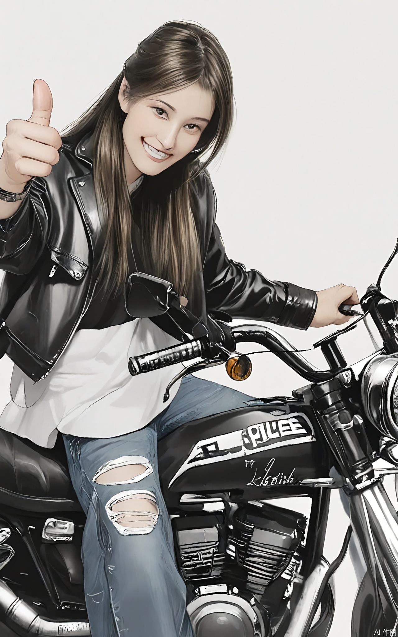 SHF, Hand - drawn image of a young man with long, straight brown hair, wearing a black leather jacket and ripped jeans. He is sitting on a motorcycle, one hand on the handlebar and the other giving a thumbs - up, looking at the camera with a rebellious smirk. The plain white background keeps the attention on his edgy and adventurous personality.
