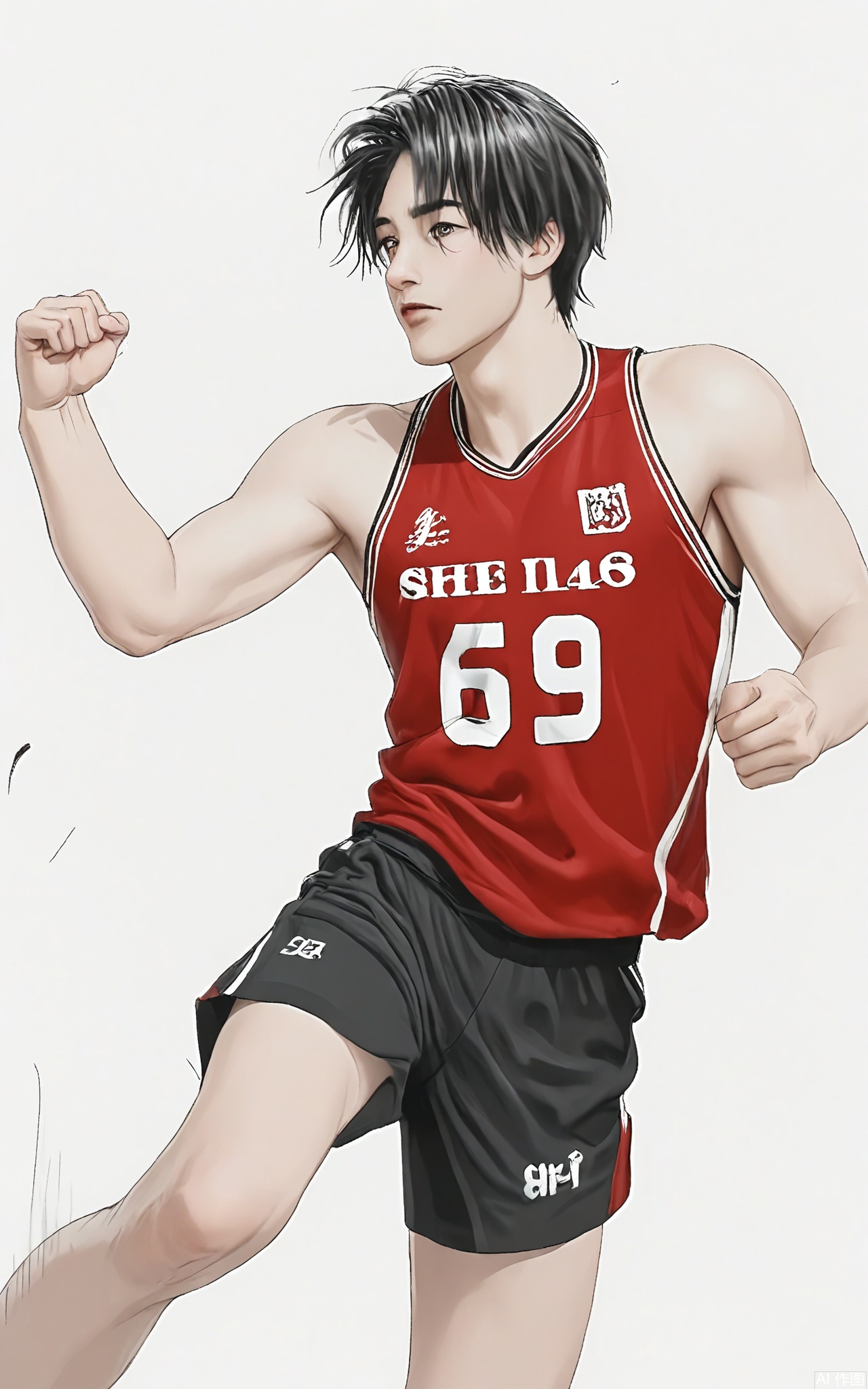 SHF, Hand - drawn illustration of a male athlete with short, dark hair, wearing a red sports jersey and black shorts. He is in a running stance, one leg forward and arms pumping, looking ahead with a determined expression. The simple white background emphasizes his energetic and competitive nature.
