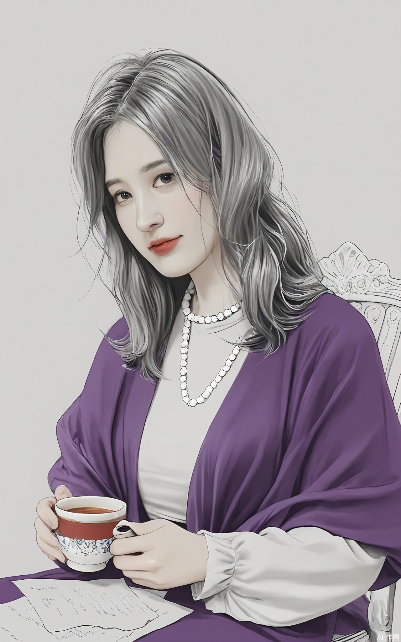 SHF, Paper - drawn portrait of a middle - aged woman with short, wavy gray hair, wearing a purple shawl and a pearl necklace. She is sitting in a chair, one hand holding a cup of tea and the other resting on the armrest, looking directly at the camera with a gentle and composed expression. The simple white backdrop accentuates her elegant and mature demeanor.
