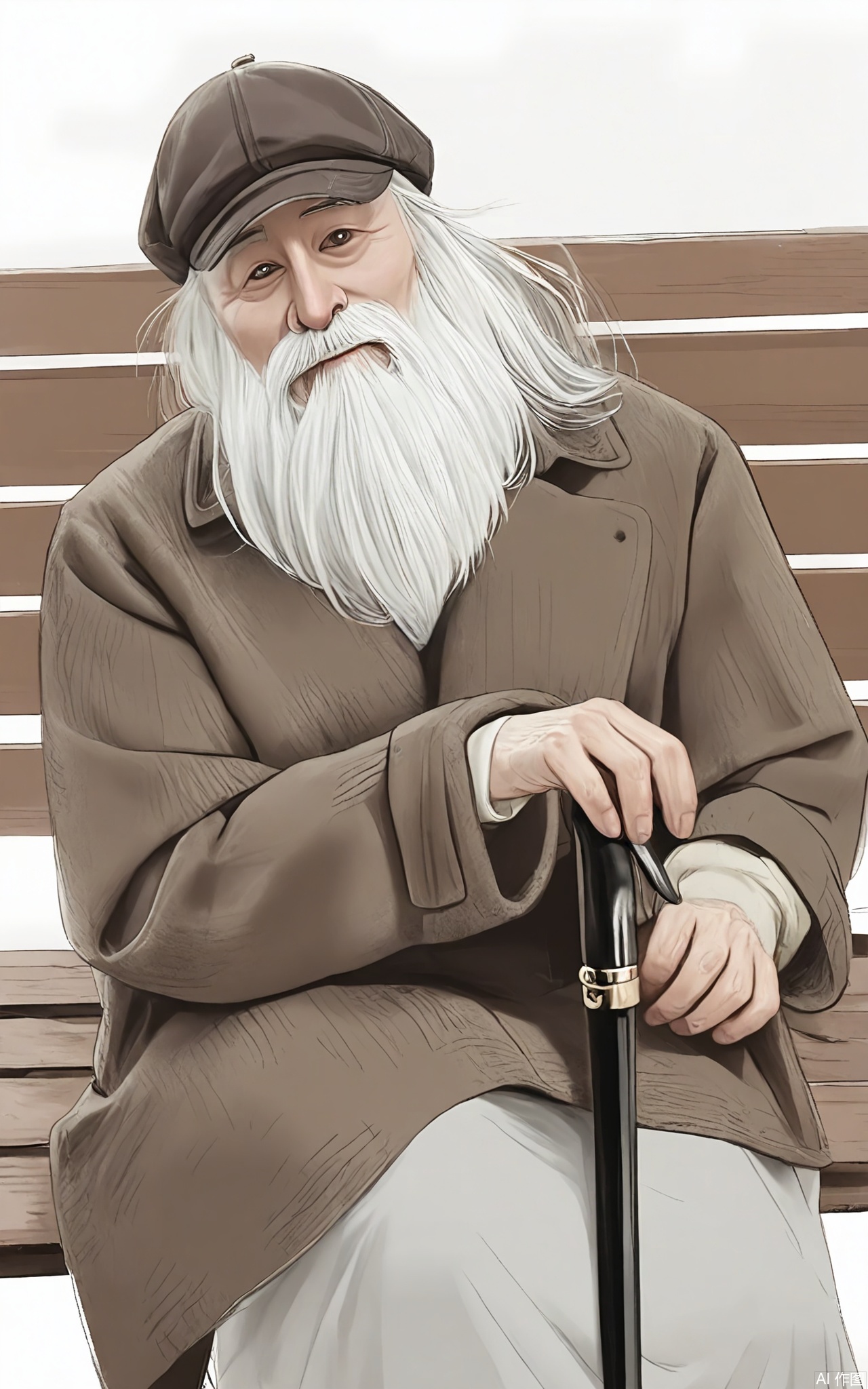 SHF, Paper - drawn picture of an elderly man with a long, white beard, wearing a brown tweed coat and a flat cap. He is sitting on a bench, one hand holding a cane and the other resting on his knee, looking into the distance with a wise and calm expression. The simple white background emphasizes his venerable and peaceful presence.

