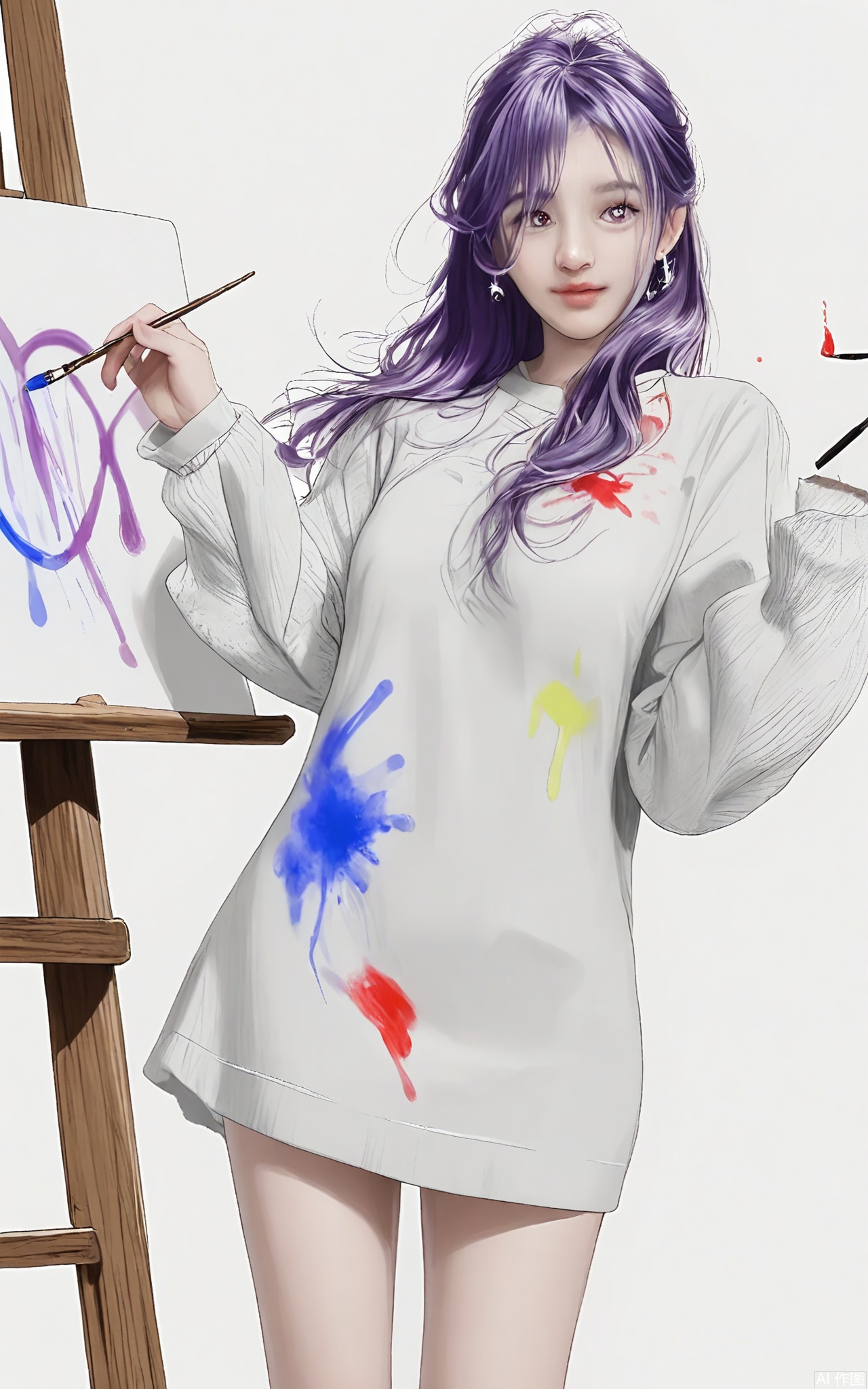 SHF, Hand - drawn illustration of a female artist with long, wavy purple hair, wearing a paint - splattered smock and holding a paintbrush. She is standing in front of an easel with a half - finished painting, looking at the camera with a creative and passionate glint in her eyes. The white background highlights her artistic and imaginative spirit.
