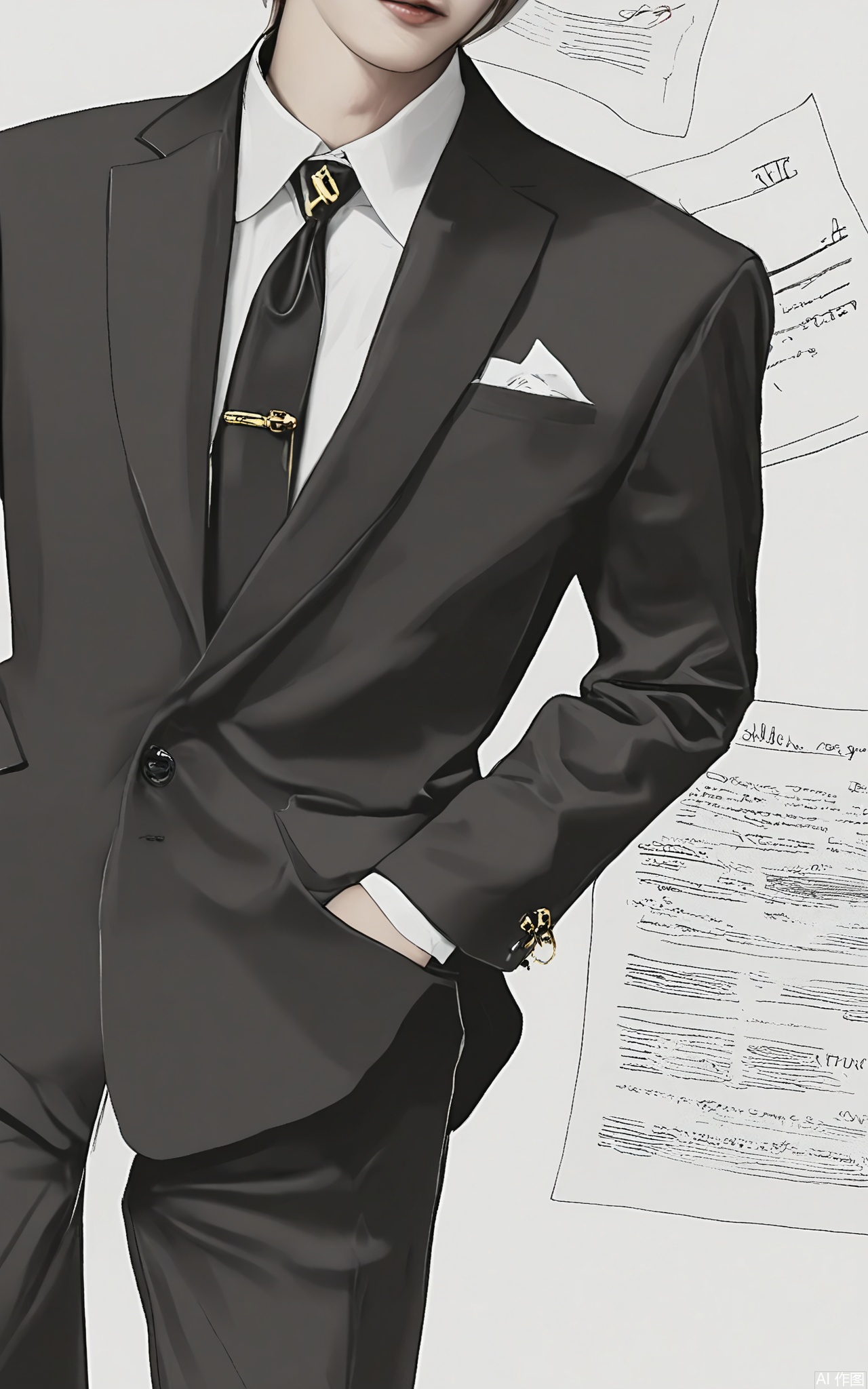 SHF, Hand - drawn illustration on paper of a young man with short, spiky brown hair, wearing a black suit and a gold tie clip. He is standing with one hand in his pocket and the other gesturing slightly, looking off to the side with a thoughtful expression. Simple white background, with a focus on his sophisticated and contemplative aura.
