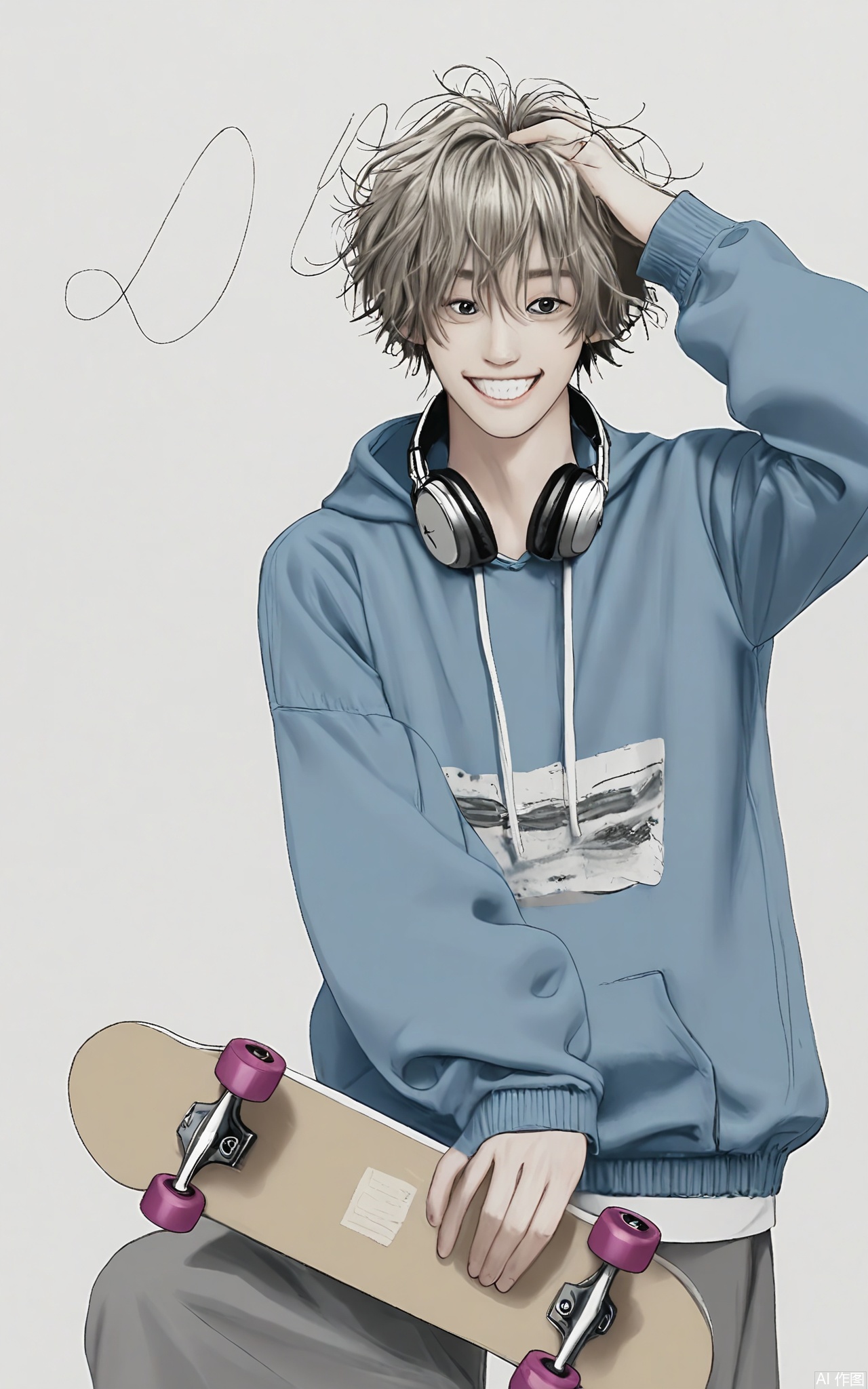 SHF, Hand - drawn illustration on paper of a teenage boy with messy blond hair, wearing a blue hoodie and headphones around his neck. He is leaning against a wall, one hand scratching his head and the other holding a skateboard, looking at the camera with a carefree grin. The white background keeps the focus on his youthful and laid - back attitude.
