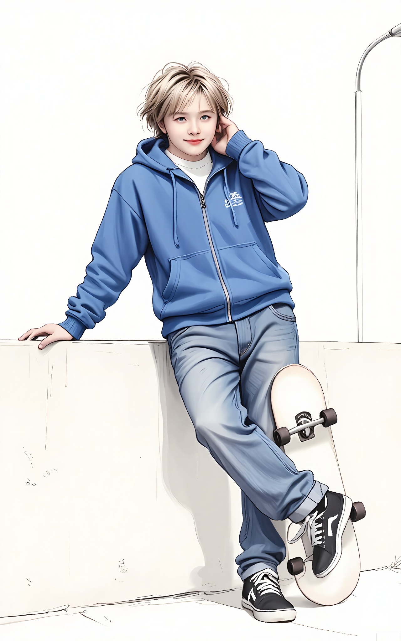 SHF, Hand - drawn illustration on paper of a teenage boy with messy blond hair, wearing a blue hoodie and headphones around his neck. He is leaning against a wall, one hand scratching his head and the other holding a skateboard, looking at the camera with a carefree grin. The white background keeps the focus on his youthful and laid - back attitude.
