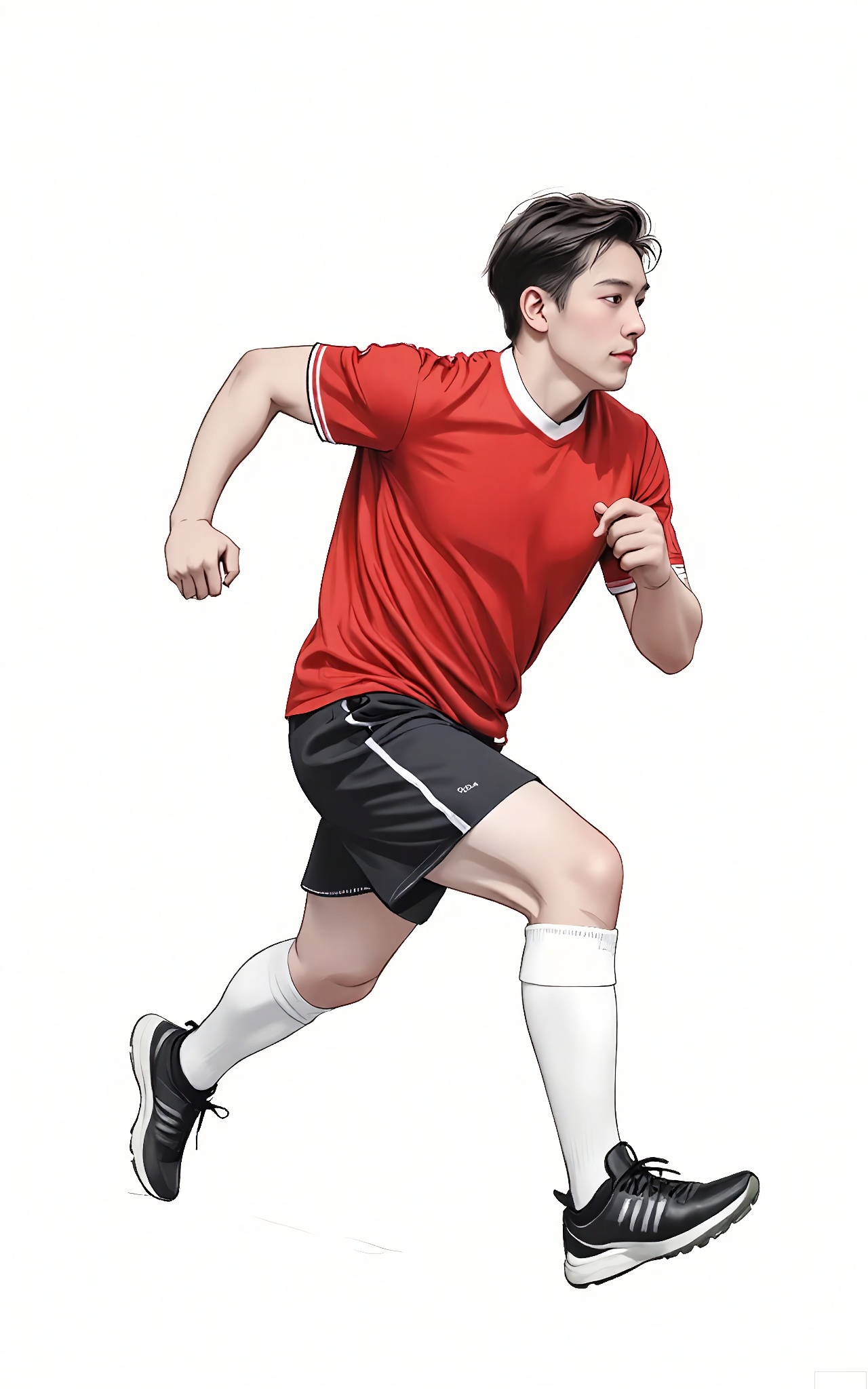 SHF, Hand - drawn illustration of a male athlete with short, dark hair, wearing a red sports jersey and black shorts. He is in a running stance, one leg forward and arms pumping, looking ahead with a determined expression. The simple white background emphasizes his energetic and competitive nature.
