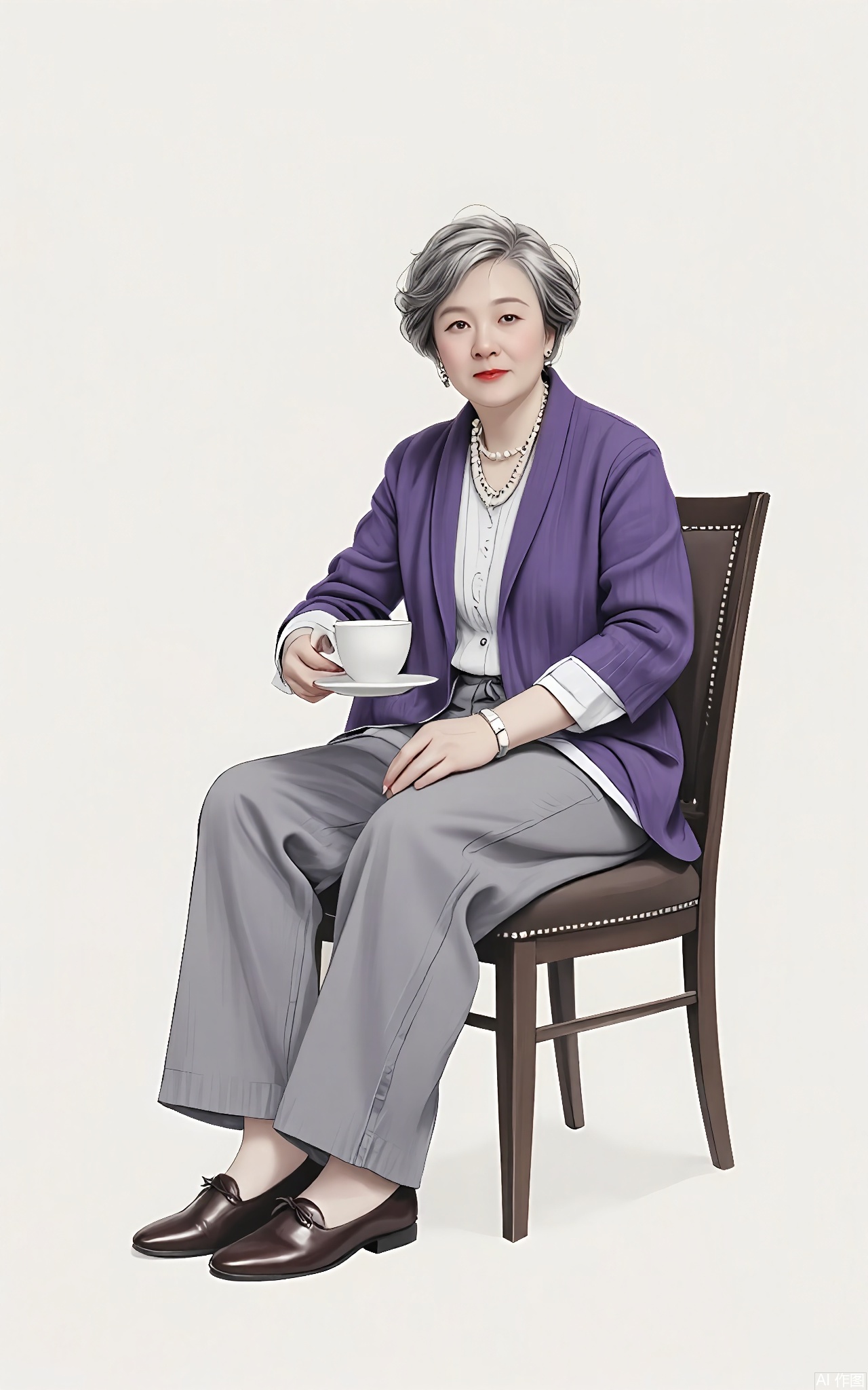 SHF, Paper - drawn portrait of a middle - aged woman with short, wavy gray hair, wearing a purple shawl and a pearl necklace. She is sitting in a chair, one hand holding a cup of tea and the other resting on the armrest, looking directly at the camera with a gentle and composed expression. The simple white backdrop accentuates her elegant and mature demeanor.
