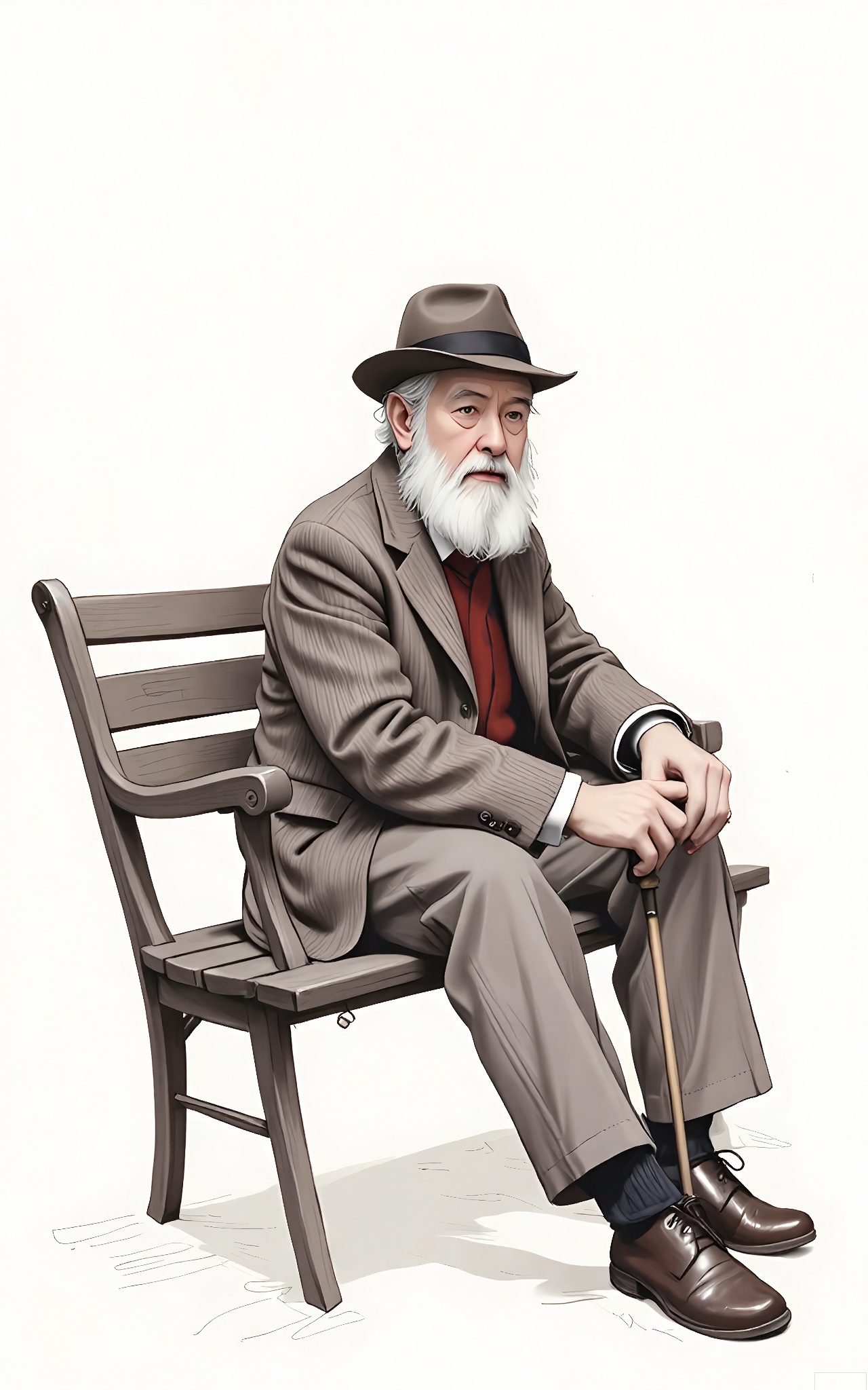 SHF, Paper - drawn picture of an elderly man with a long, white beard, wearing a brown tweed coat and a flat cap. He is sitting on a bench, one hand holding a cane and the other resting on his knee, looking into the distance with a wise and calm expression. The simple white background emphasizes his venerable and peaceful presence.
