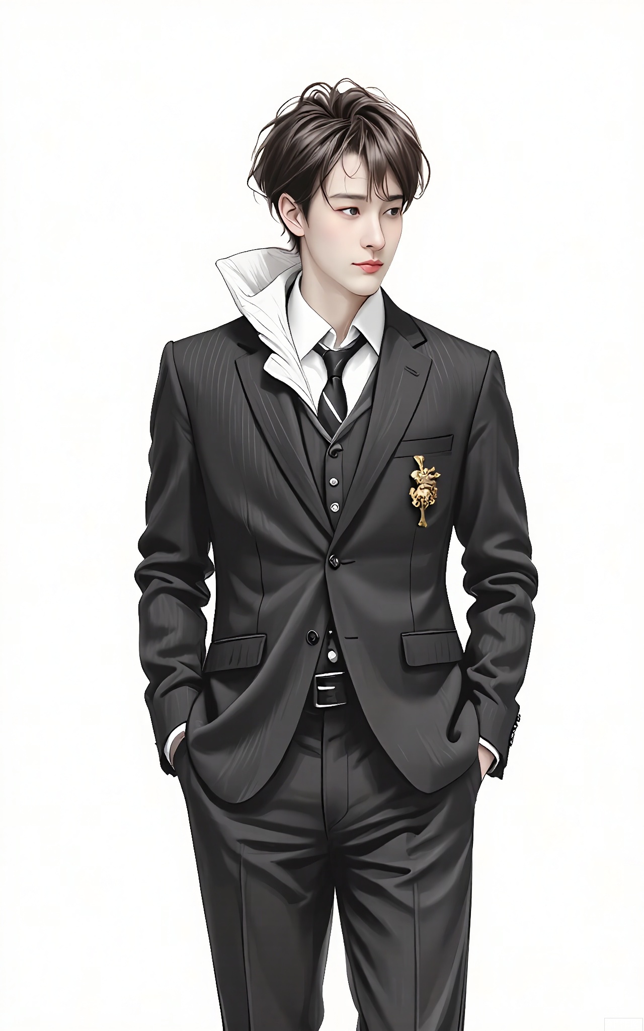 SHF, Hand - drawn illustration on paper of a young man with short, spiky brown hair, wearing a black suit and a gold tie clip. He is standing with one hand in his pocket and the other gesturing slightly, looking off to the side with a thoughtful expression. Simple white background, with a focus on his sophisticated and contemplative aura.
