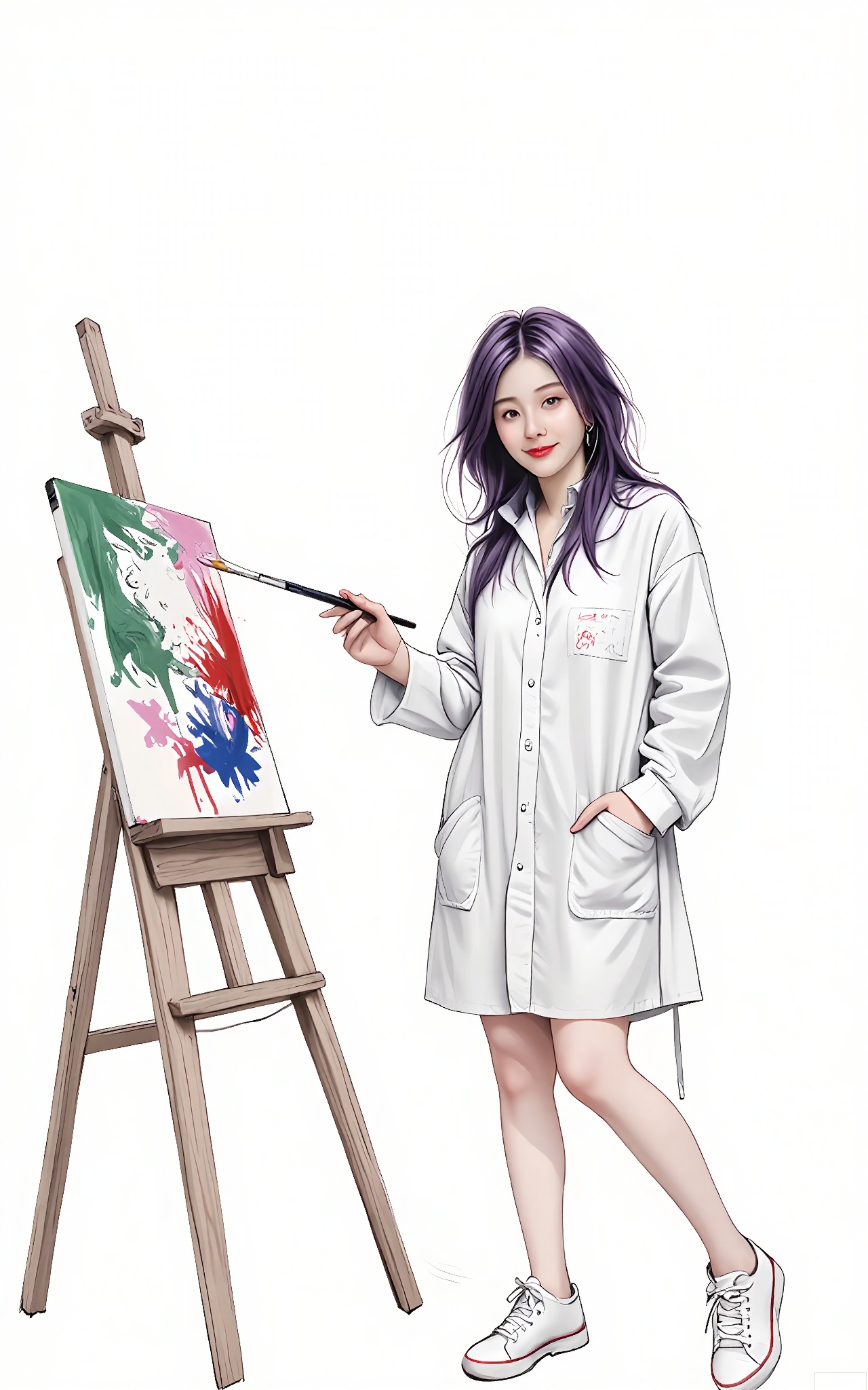SHF, Hand - drawn illustration of a female artist with long, wavy purple hair, wearing a paint - splattered smock and holding a paintbrush. She is standing in front of an easel with a half - finished painting, looking at the camera with a creative and passionate glint in her eyes. The white background highlights her artistic and imaginative spirit.
