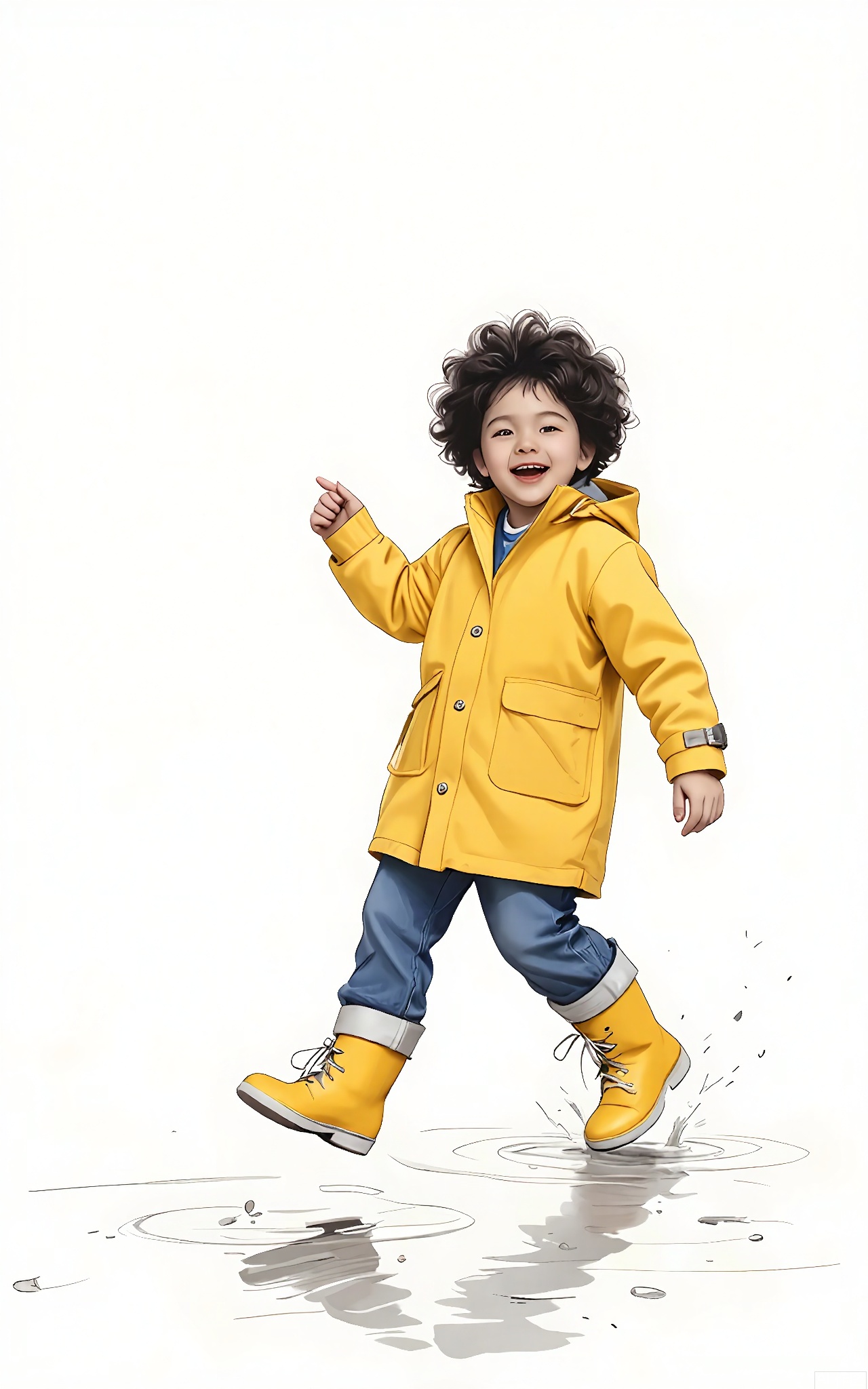 SHF, Paper - drawn depiction of a young child with short, black afro hair, wearing a yellow raincoat and rubber boots. He is jumping in puddles, one foot in the air and hands spread out, looking at the camera with a joyful laugh. The white background highlights his playful and carefree spirit.

