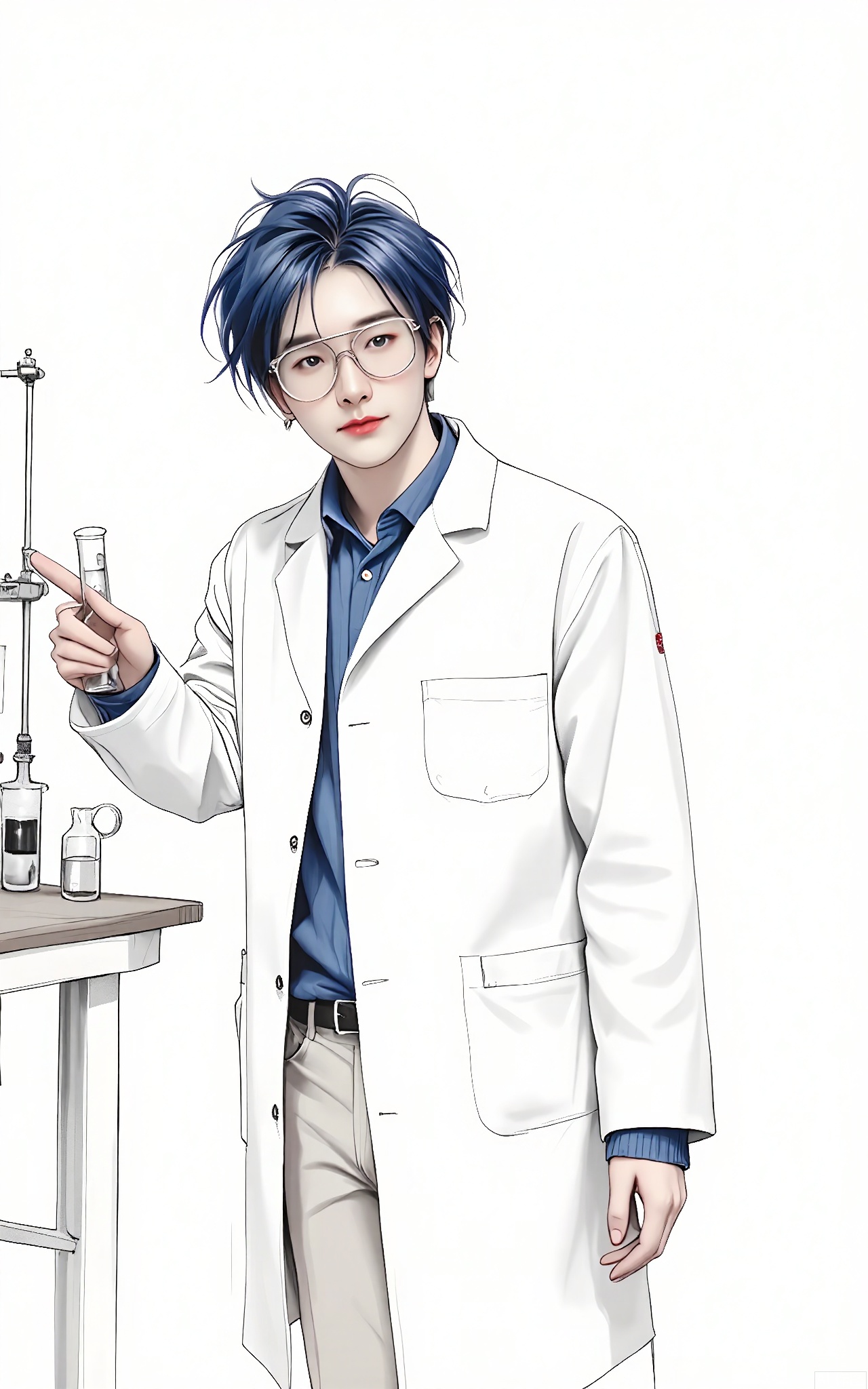 SHF, Hand - drawn portrait of a young man with spiky blue hair, wearing a white lab coat and safety goggles. He is standing in a laboratory, one hand holding a test tube and the other pointing at some equipment, looking at the viewer with an inquisitive and intelligent expression. The simple white background highlights his scientific and curious nature.
