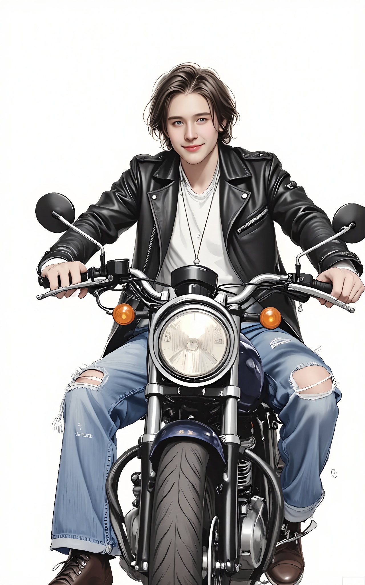 SHF, Hand - drawn image of a young man with long, straight brown hair, wearing a black leather jacket and ripped jeans. He is sitting on a motorcycle, one hand on the handlebar and the other giving a thumbs - up, looking at the camera with a rebellious smirk. The plain white background keeps the attention on his edgy and adventurous personality.
