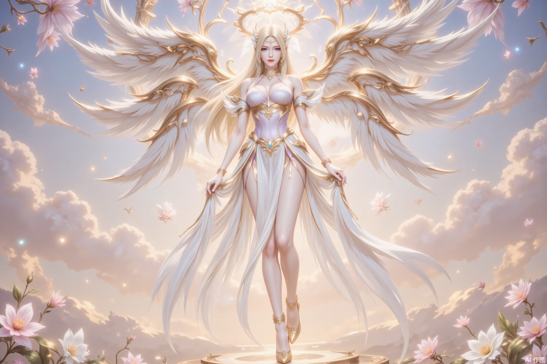 ,qianrenxue,1girl, blonde hair, wings, long hair, breasts, solo, blue eyes, angel wings, halo, flower, angel, dress, cloud, white dress, sky, looking at viewer, full body, jewelry, large breasts, bracelet, high heels, bare shoulders, cleavage, multiple wings,12,cover,gradient background,close-up details,outstanding style,adding a touch of dimension to your images without compromising details,close-up,,lvjing,,luxueqi,