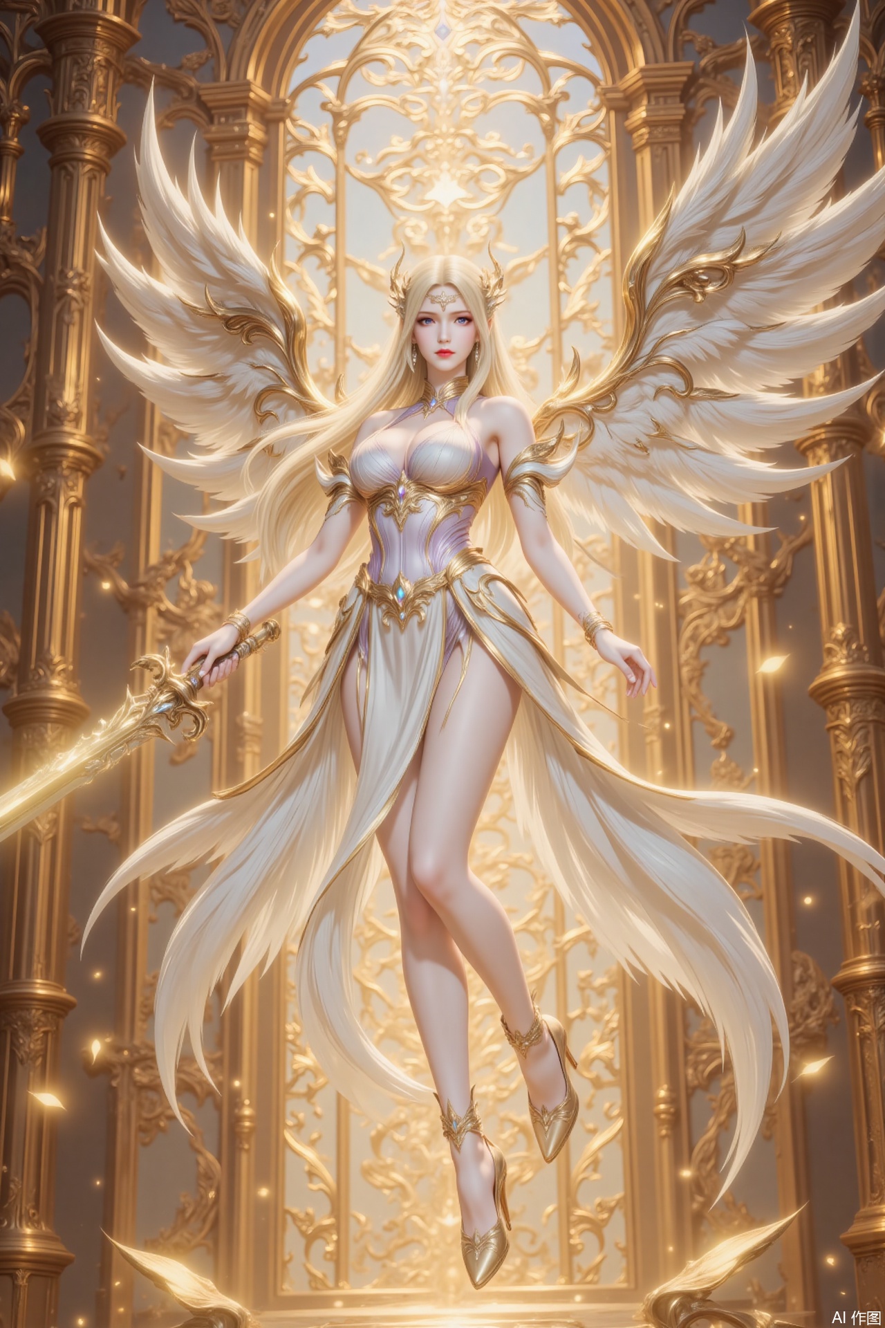 ,qianrenxue,blonde hair,long hair,blue eyes,looking at viewer,jewelry,earrings,hair ornament,closed mouth,1girl,breasts,solo,wings,long hair,high heels,angel wings,dress,angel,large breasts,feathered wings,white dress,bare shoulders,legs,armlet,bare legs,white wings,thighs,bracelet,she floats in the air,broken golden temple,weapon,holding weapon,sword,holding_sword,glow_sword,golden excalibur,cover,gradient background,close-up details,outstanding style,adding a touch of dimension to your images without compromising details,close-up,,lvjing,,luxueqi,
