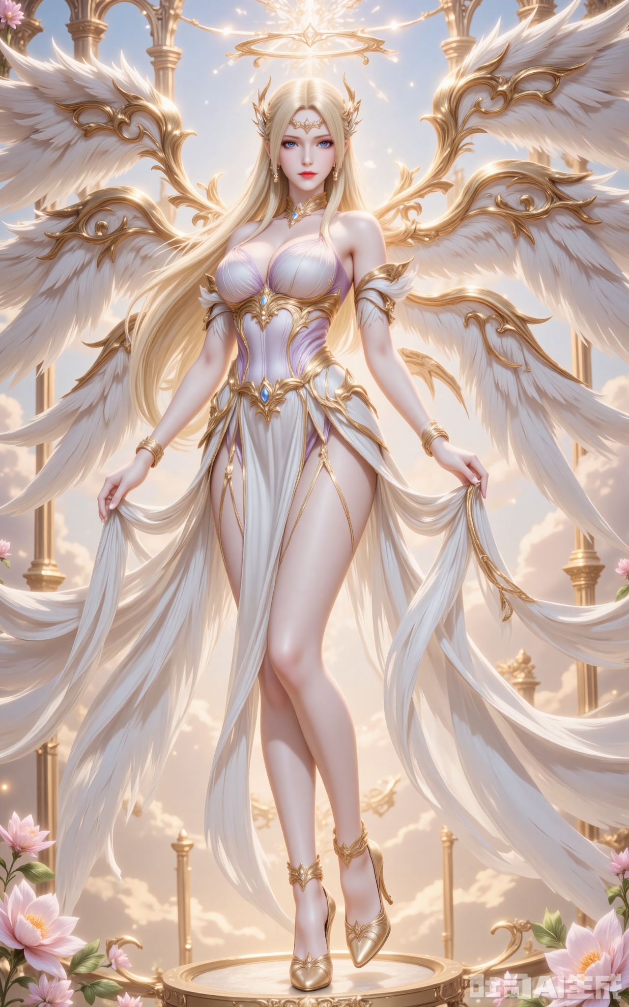 qianrenxue,1girl, blonde hair, wings, long hair, breasts, solo, blue eyes, angel wings, halo, flower, angel, dress, cloud, white dress, sky, looking at viewer, full body, jewelry, large breasts, bracelet, high heels, bare shoulders, cleavage, multiple wings,12,cover,gradient background,close-up details,outstanding style,adding a touch of dimension to your images without compromising details,close-up,,lvjing,,luxueqi,