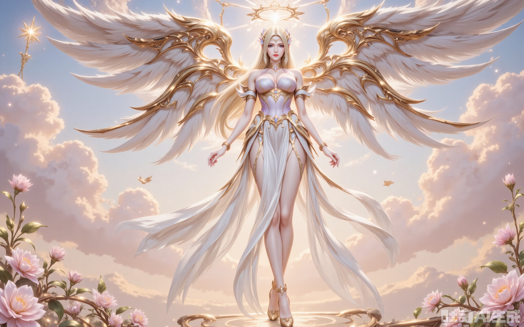 qianrenxue,1girl, blonde hair, wings, long hair, breasts, solo, blue eyes, angel wings, halo, flower, angel, dress, cloud, white dress, sky, looking at viewer, full body, jewelry, large breasts, bracelet, high heels, bare shoulders, cleavage, multiple wings,12,cover,gradient background,close-up details,outstanding style,adding a touch of dimension to your images without compromising details,close-up,,lvjing,,luxueqi,