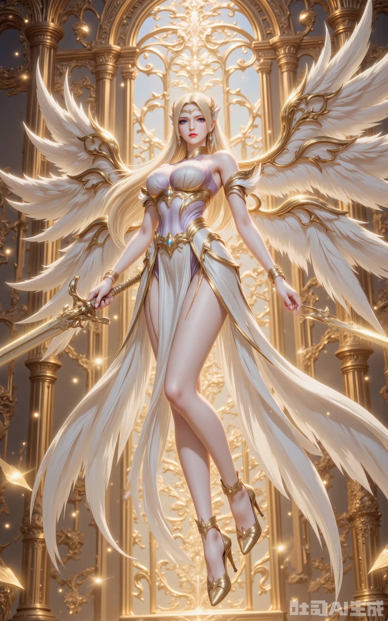 qianrenxue,blonde hair,long hair,blue eyes,looking at viewer,jewelry,earrings,hair ornament,closed mouth,1girl,breasts,solo,wings,long hair,high heels,angel wings,dress,angel,large breasts,feathered wings,white dress,bare shoulders,legs,armlet,bare legs,white wings,thighs,bracelet,she floats in the air,broken golden temple,weapon,holding weapon,sword,holding_sword,glow_sword,golden excalibur,cover,gradient background,close-up details,outstanding style,adding a touch of dimension to your images without compromising details,close-up,,lvjing,,luxueqi,