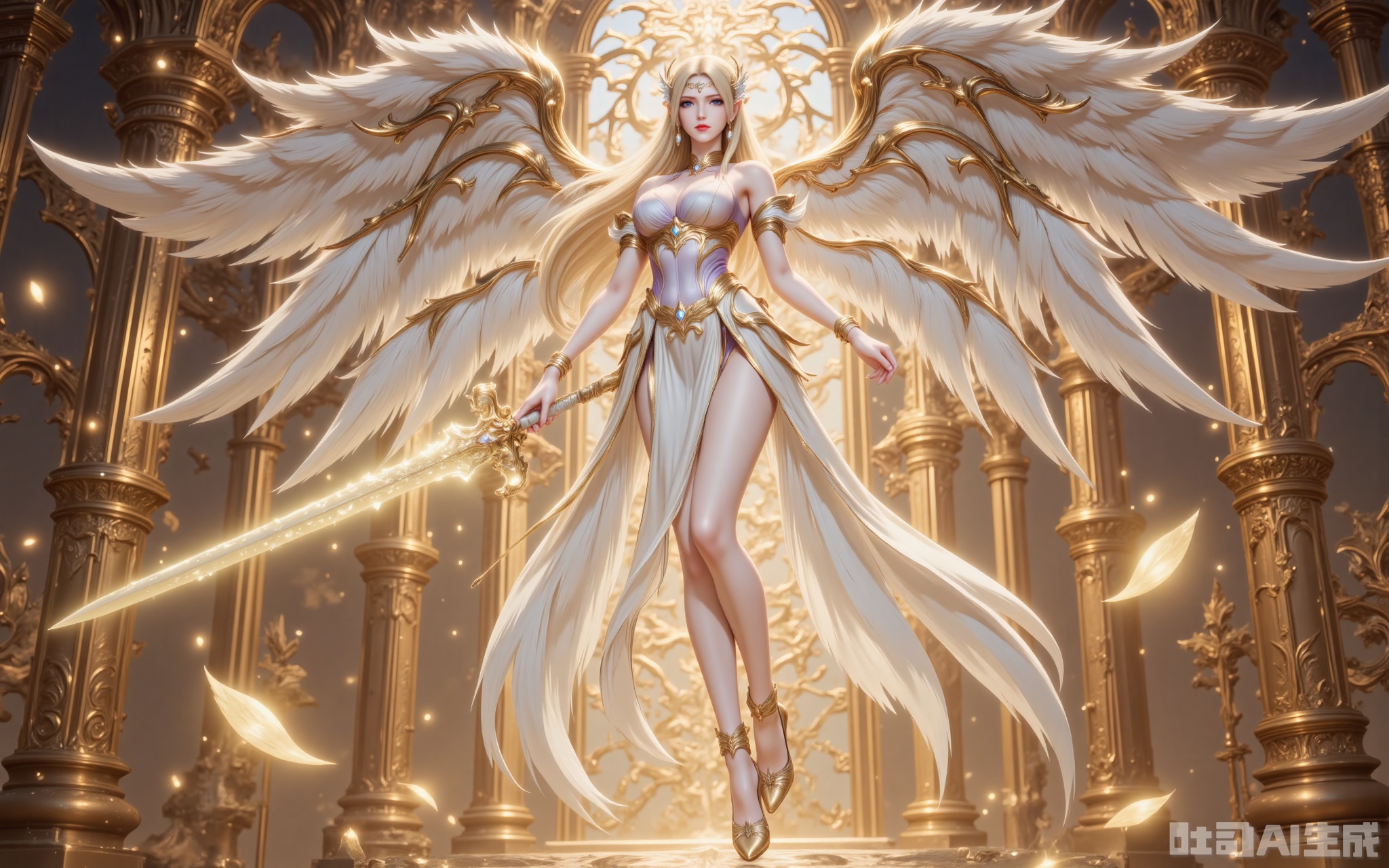 qianrenxue,blonde hair,long hair,blue eyes,looking at viewer,jewelry,earrings,hair ornament,closed mouth,1girl,breasts,solo,wings,long hair,high heels,angel wings,dress,angel,large breasts,feathered wings,white dress,bare shoulders,legs,armlet,bare legs,white wings,thighs,bracelet,she floats in the air,broken golden temple,weapon,holding weapon,sword,holding_sword,glow_sword,golden excalibur,cover,gradient background,close-up details,outstanding style,adding a touch of dimension to your images without compromising details,close-up,,lvjing,,luxueqi,