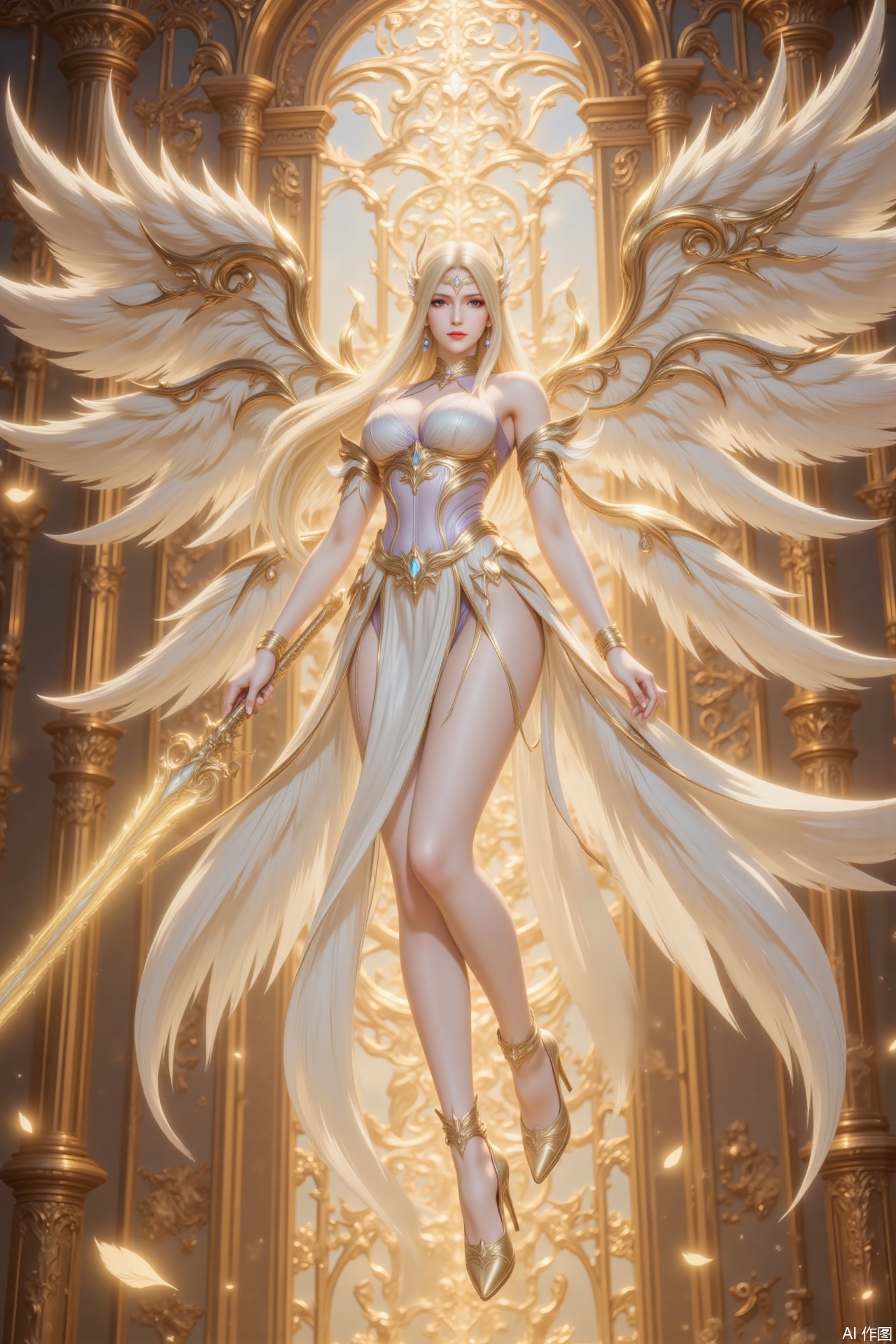 ,qianrenxue,blonde hair,long hair,blue eyes,looking at viewer,jewelry,earrings,hair ornament,closed mouth,1girl,breasts,solo,wings,long hair,high heels,angel wings,dress,angel,large breasts,feathered wings,white dress,bare shoulders,legs,armlet,bare legs,white wings,thighs,bracelet,she floats in the air,broken golden temple,weapon,holding weapon,sword,holding_sword,glow_sword,golden excalibur,cover,gradient background,close-up details,outstanding style,adding a touch of dimension to your images without compromising details,close-up,,lvjing,,luxueqi,