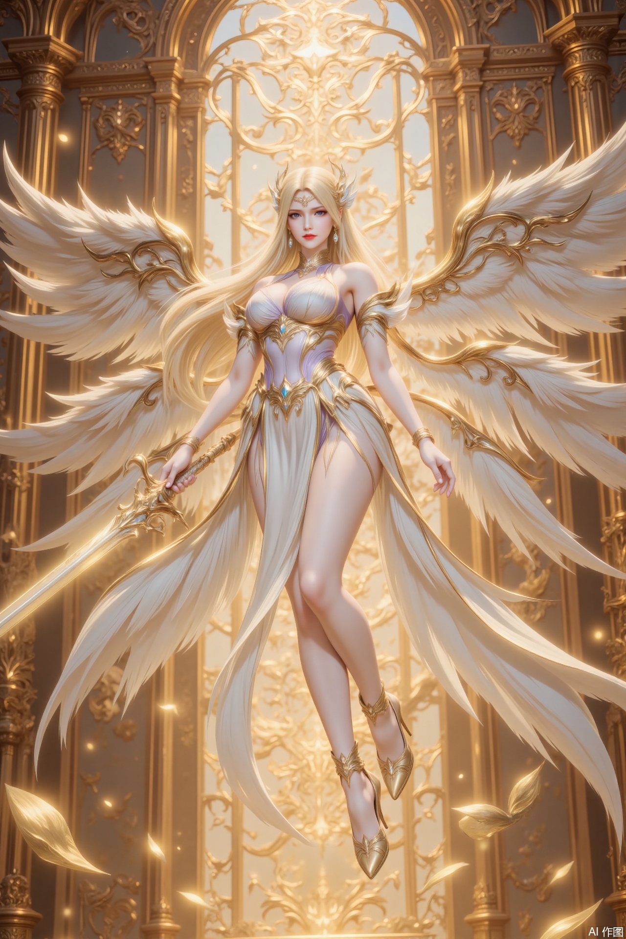 ,qianrenxue,blonde hair,long hair,blue eyes,looking at viewer,jewelry,earrings,hair ornament,closed mouth,1girl,breasts,solo,wings,long hair,high heels,angel wings,dress,angel,large breasts,feathered wings,white dress,bare shoulders,legs,armlet,bare legs,white wings,thighs,bracelet,she floats in the air,broken golden temple,weapon,holding weapon,sword,holding_sword,glow_sword,golden excalibur,cover,gradient background,close-up details,outstanding style,adding a touch of dimension to your images without compromising details,close-up,,lvjing,,luxueqi,