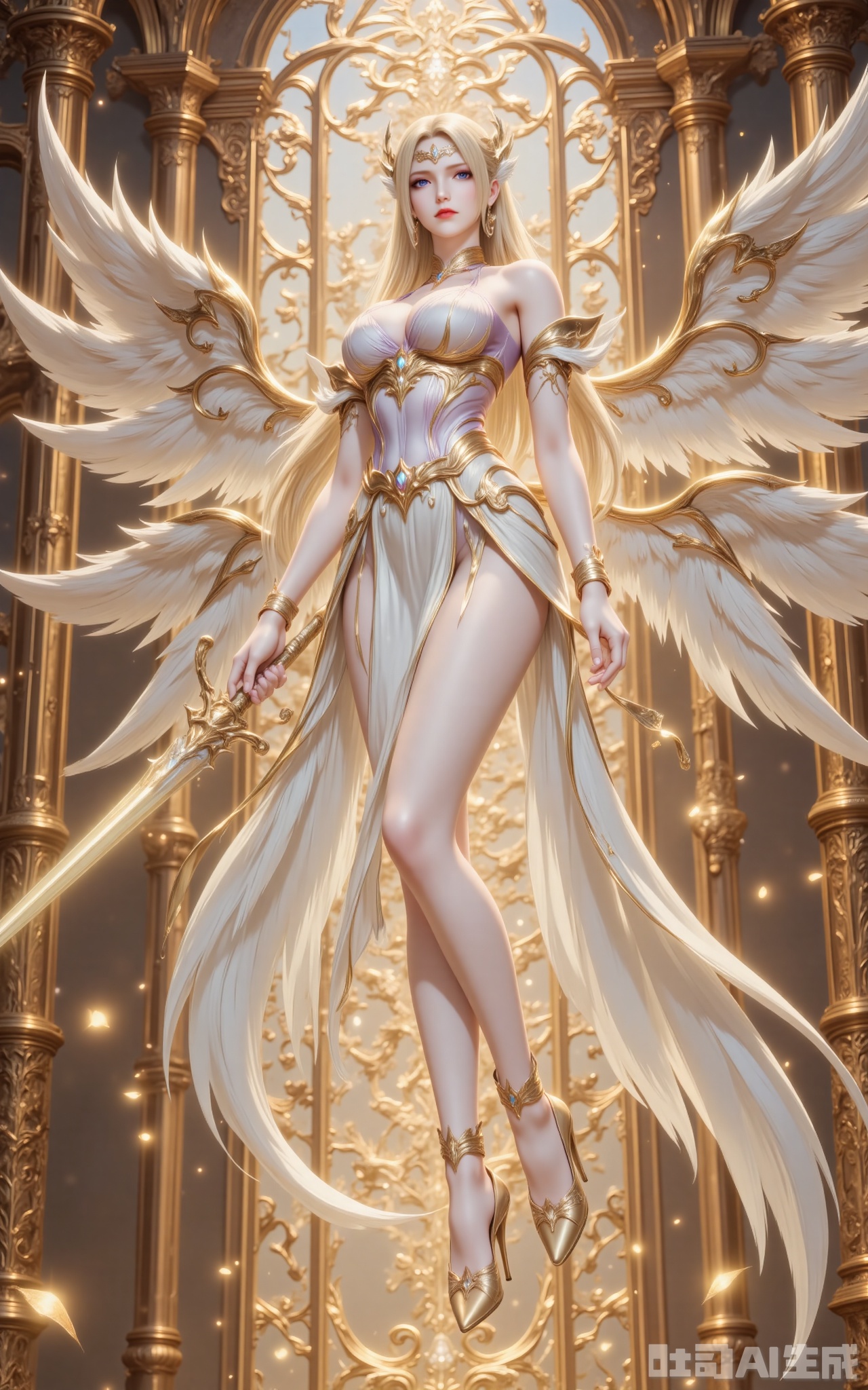 qianrenxue,blonde hair,long hair,blue eyes,looking at viewer,jewelry,earrings,hair ornament,closed mouth,1girl,breasts,solo,wings,long hair,high heels,angel wings,dress,angel,large breasts,feathered wings,white dress,bare shoulders,legs,armlet,bare legs,white wings,thighs,bracelet,she floats in the air,broken golden temple,weapon,holding weapon,sword,holding_sword,glow_sword,golden excalibur,cover,gradient background,close-up details,outstanding style,adding a touch of dimension to your images without compromising details,close-up,,lvjing,,luxueqi,