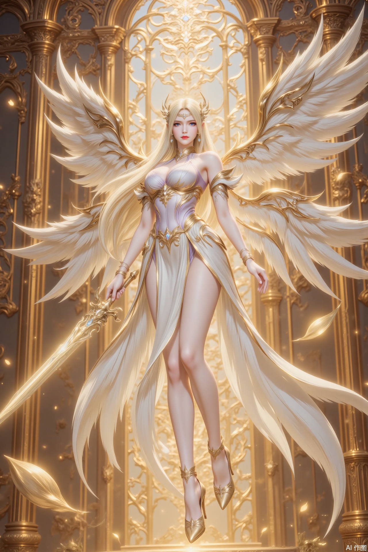 ,qianrenxue,blonde hair,long hair,blue eyes,looking at viewer,jewelry,earrings,hair ornament,closed mouth,1girl,breasts,solo,wings,long hair,high heels,angel wings,dress,angel,large breasts,feathered wings,white dress,bare shoulders,legs,armlet,bare legs,white wings,thighs,bracelet,she floats in the air,broken golden temple,weapon,holding weapon,sword,holding_sword,glow_sword,golden excalibur,cover,gradient background,close-up details,outstanding style,adding a touch of dimension to your images without compromising details,close-up,,lvjing,,luxueqi,