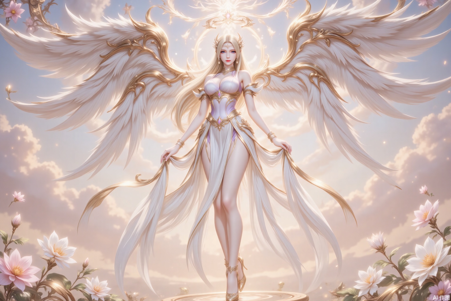 ,qianrenxue,1girl, blonde hair, wings, long hair, breasts, solo, blue eyes, angel wings, halo, flower, angel, dress, cloud, white dress, sky, looking at viewer, full body, jewelry, large breasts, bracelet, high heels, bare shoulders, cleavage, multiple wings,12,cover,gradient background,close-up details,outstanding style,adding a touch of dimension to your images without compromising details,close-up,,lvjing,,luxueqi,
