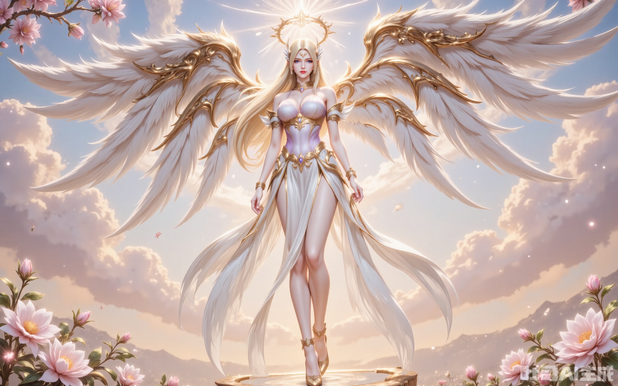 qianrenxue,1girl, blonde hair, wings, long hair, breasts, solo, blue eyes, angel wings, halo, flower, angel, dress, cloud, white dress, sky, looking at viewer, full body, jewelry, large breasts, bracelet, high heels, bare shoulders, cleavage, multiple wings,12,cover,gradient background,close-up details,outstanding style,adding a touch of dimension to your images without compromising details,close-up,,lvjing,,luxueqi,