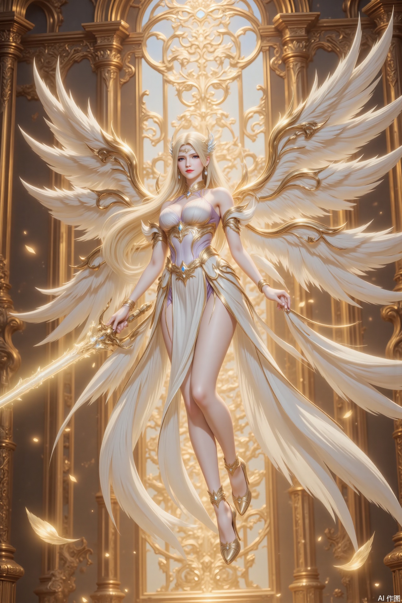,qianrenxue,blonde hair,long hair,blue eyes,looking at viewer,jewelry,earrings,hair ornament,closed mouth,1girl,breasts,solo,wings,long hair,high heels,angel wings,dress,angel,large breasts,feathered wings,white dress,bare shoulders,legs,armlet,bare legs,white wings,thighs,bracelet,she floats in the air,broken golden temple,weapon,holding weapon,sword,holding_sword,glow_sword,golden excalibur,cover,gradient background,close-up details,outstanding style,adding a touch of dimension to your images without compromising details,close-up,,lvjing,,luxueqi,