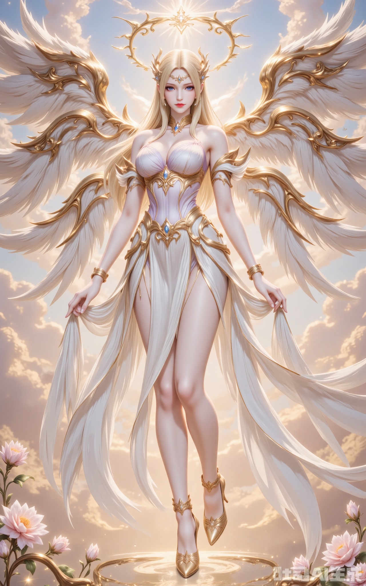 qianrenxue,1girl, blonde hair, wings, long hair, breasts, solo, blue eyes, angel wings, halo, flower, angel, dress, cloud, white dress, sky, looking at viewer, full body, jewelry, large breasts, bracelet, high heels, bare shoulders, cleavage, multiple wings,12,cover,gradient background,close-up details,outstanding style,adding a touch of dimension to your images without compromising details,close-up,,lvjing,,luxueqi,