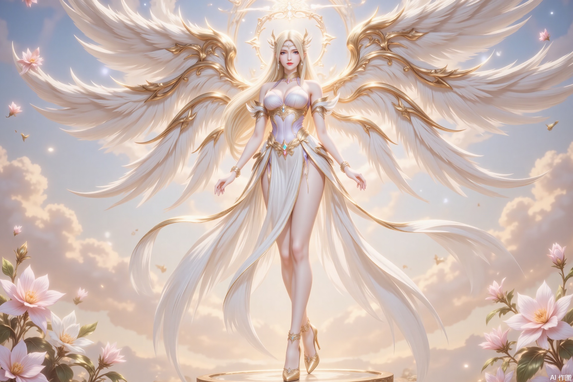 ,qianrenxue,1girl, blonde hair, wings, long hair, breasts, solo, blue eyes, angel wings, halo, flower, angel, dress, cloud, white dress, sky, looking at viewer, full body, jewelry, large breasts, bracelet, high heels, bare shoulders, cleavage, multiple wings,12,cover,gradient background,close-up details,outstanding style,adding a touch of dimension to your images without compromising details,close-up,,lvjing,,luxueqi,