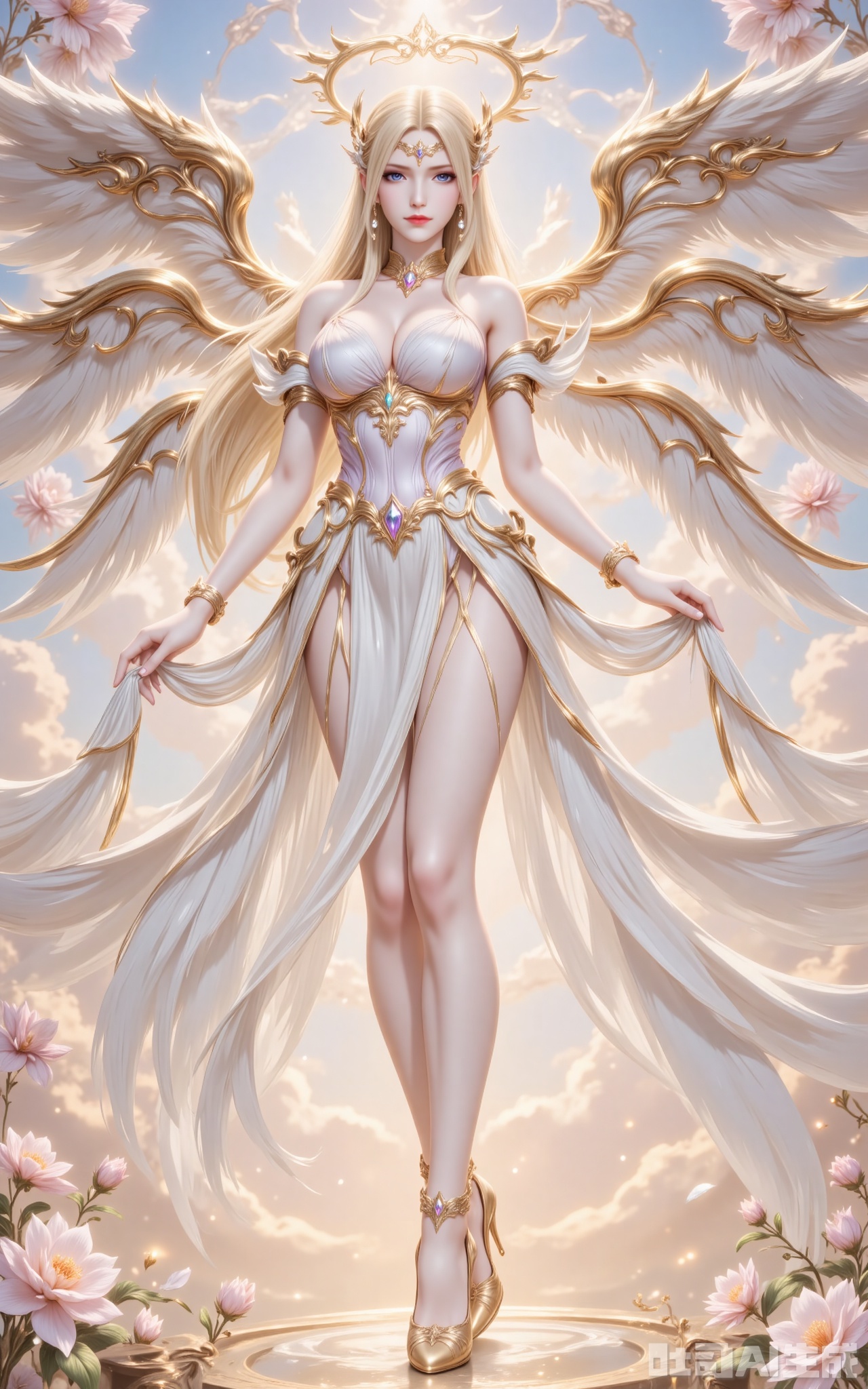 qianrenxue,1girl, blonde hair, wings, long hair, breasts, solo, blue eyes, angel wings, halo, flower, angel, dress, cloud, white dress, sky, looking at viewer, full body, jewelry, large breasts, bracelet, high heels, bare shoulders, cleavage, multiple wings,12,cover,gradient background,close-up details,outstanding style,adding a touch of dimension to your images without compromising details,close-up,,lvjing,,luxueqi,